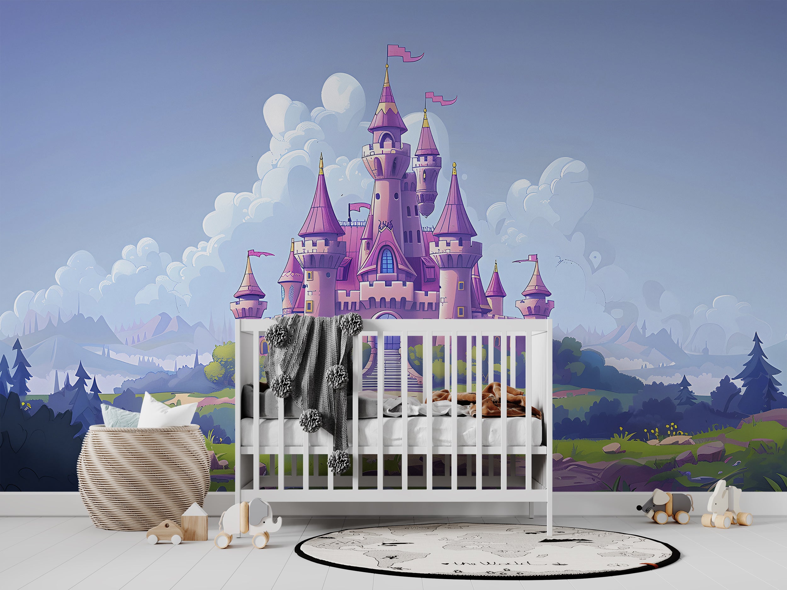 Pink Princess Castle Mural, Peel and Stick Nursery Dreamy Castle Wallpaper, Cartoon Style Kids Room Colorful Castle, PVC free Removable Decal