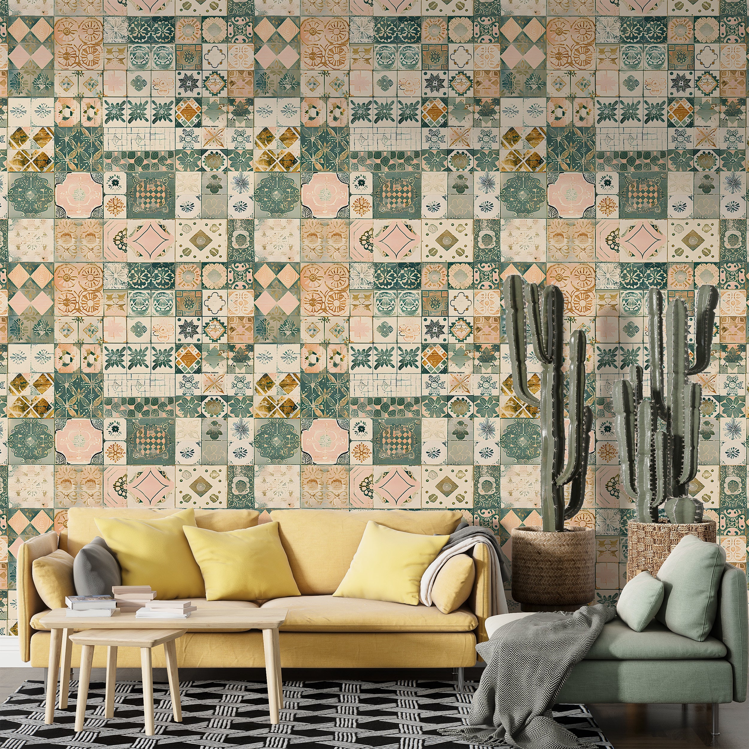 Moroccan Wallpaper, Patchwork Tiles Wallpaper, Green and Beige Tiles Wall Decal, Peel and Stick Watercolor Rustic Tiles Decor