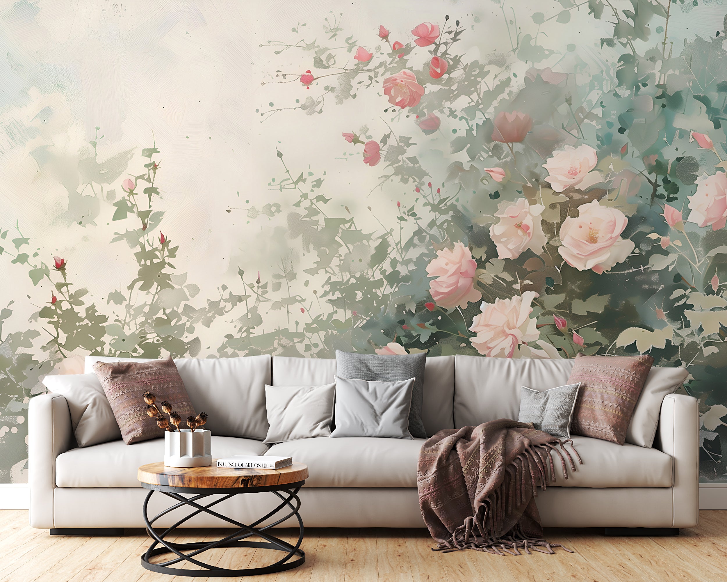 Watercolor Wild Roses Wallpaper, Peel and Stick Flower Bush Mural, Soft Green Botanical Wallpaper, Removable Floral Wall Art