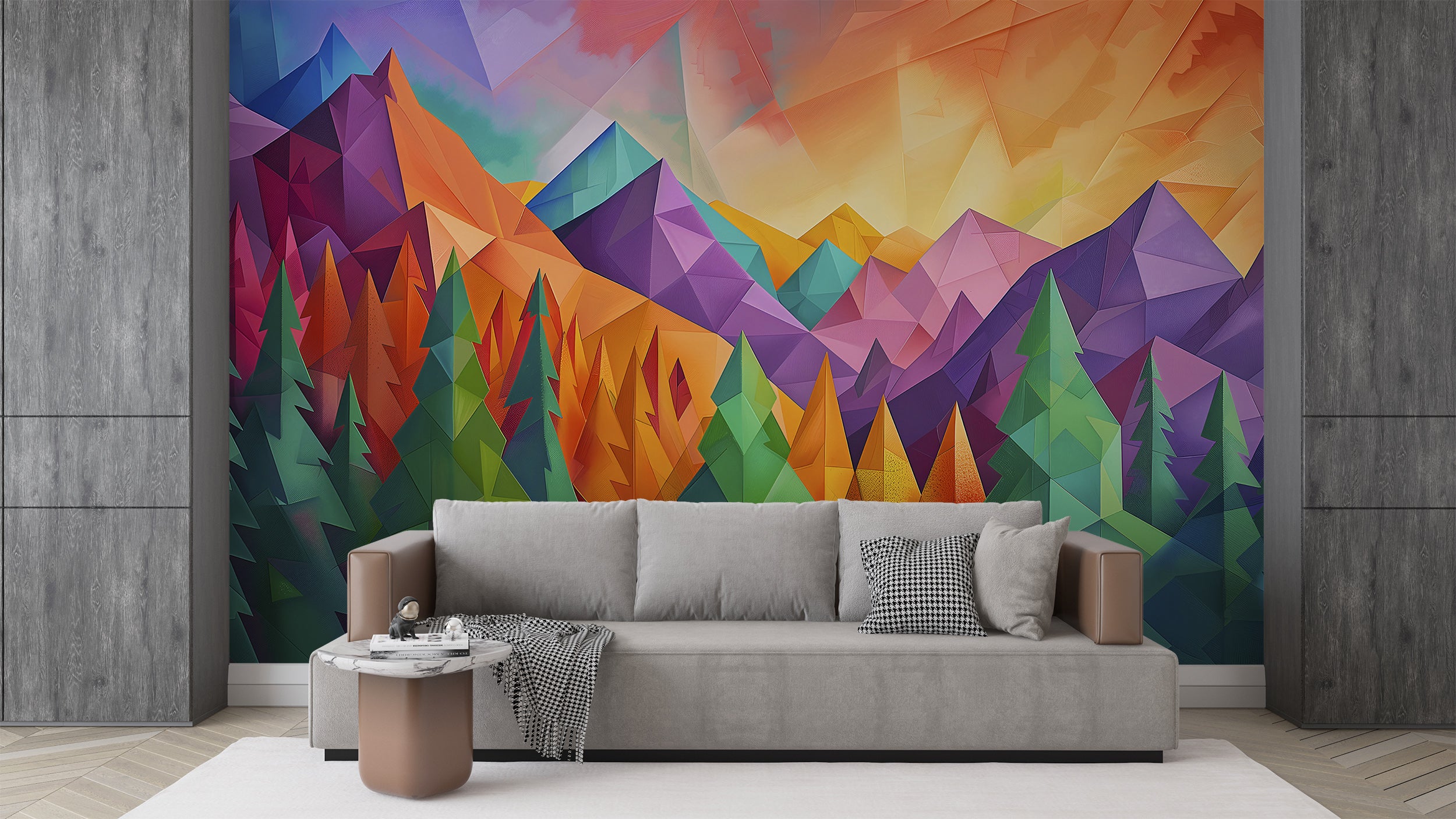Colorful Mountains and Forest Landscape Mural, Peel and Stick Nature in Cubism Style Mural, Abstract Pine Trees Mural, Geometric Shapes Art