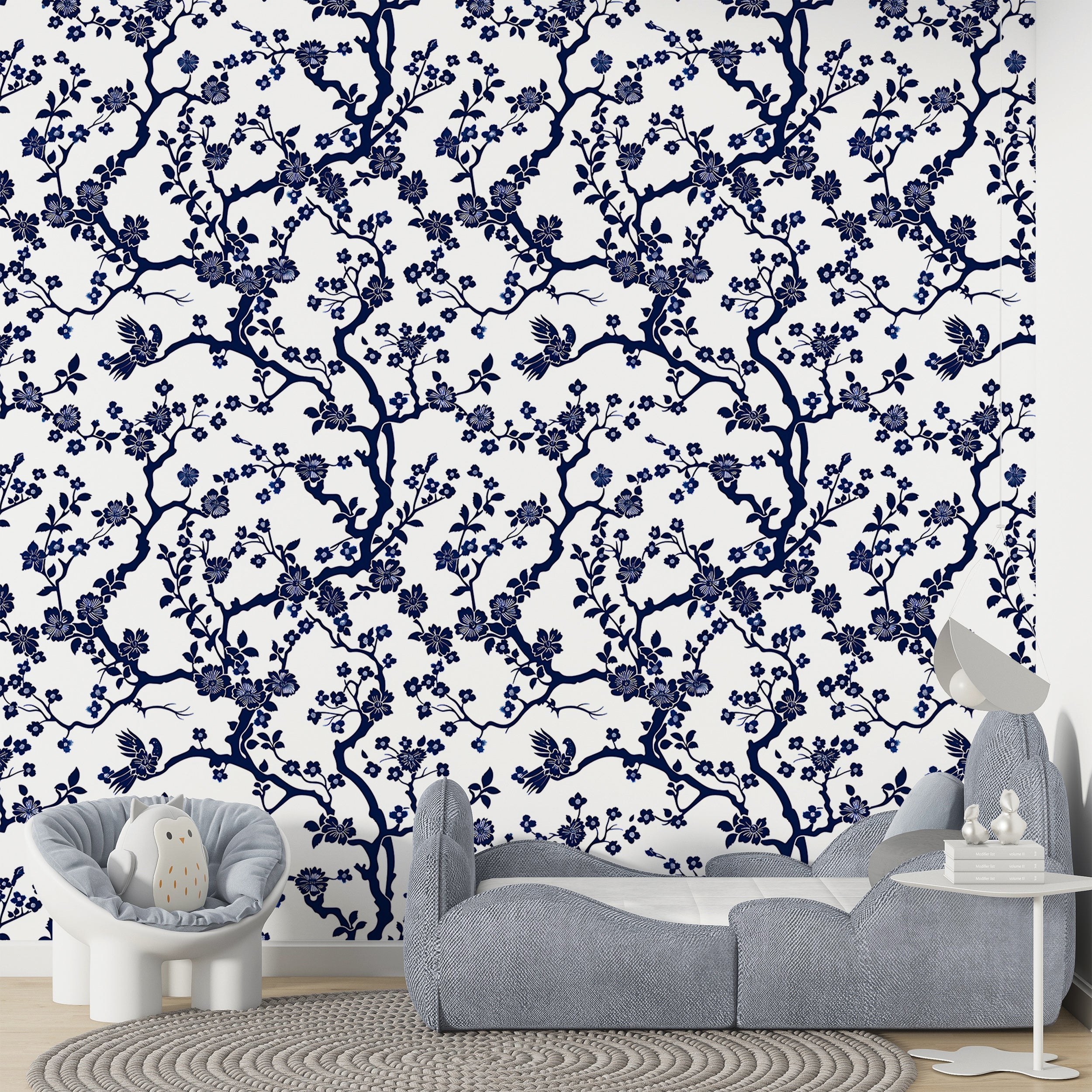 Blue and White Floral Wallpaper, Peel and Stick French Style Botanical Decor, Small Flowers and Branches Wallpaper, Removable Blue Floral