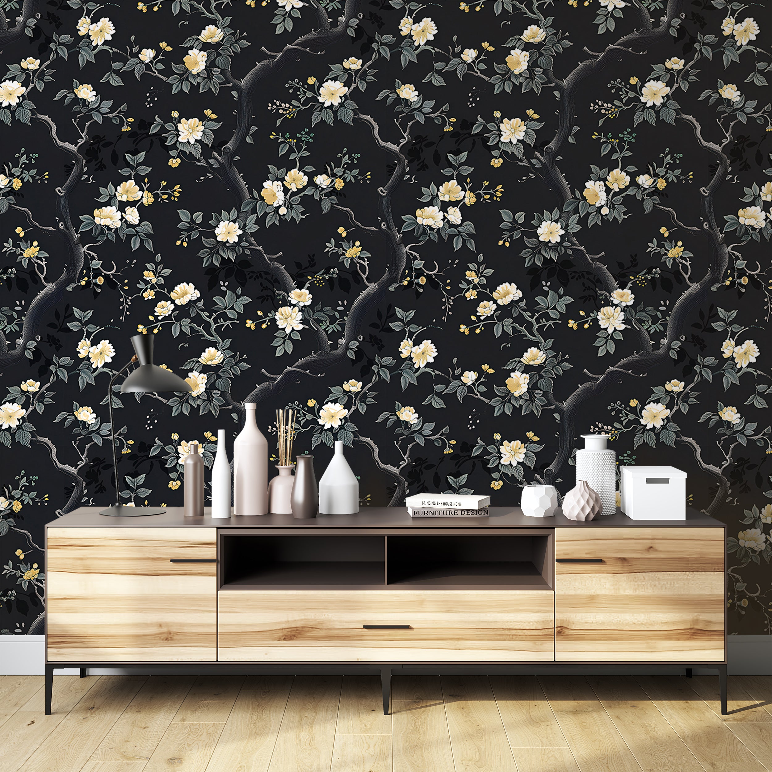 Black Chinoiserie Wallpaper, Peel and Stick Dark Floral, Removable Dark Leaves and Branches Wallpaper, Small Flowers Wallpaper