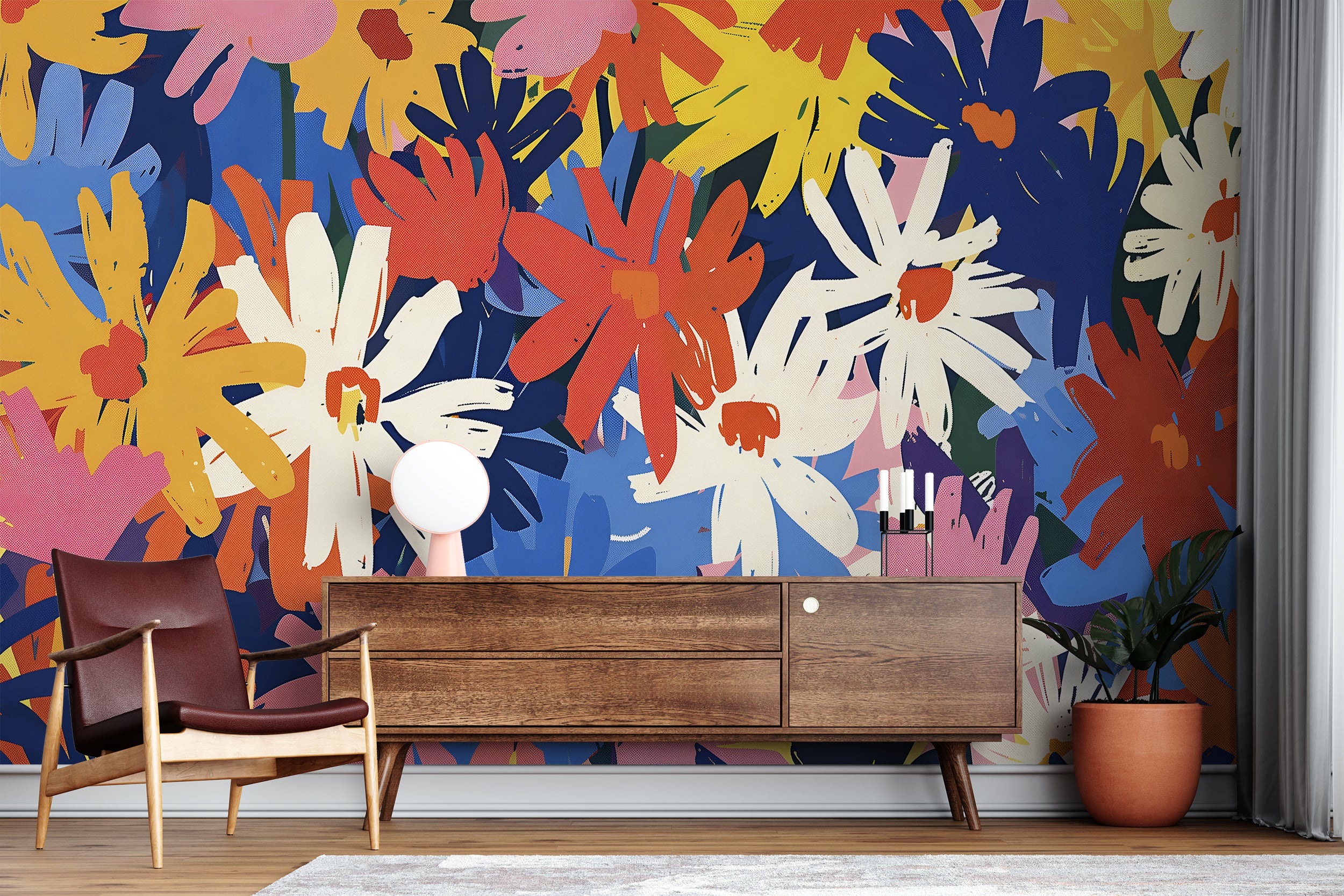 Colorful Daisies Wallpaper, Peel and Stick Abstract Floral Art, Removable Meadow Flowers Wall Mural, Nursery Colorful Botanical Wall Decor
