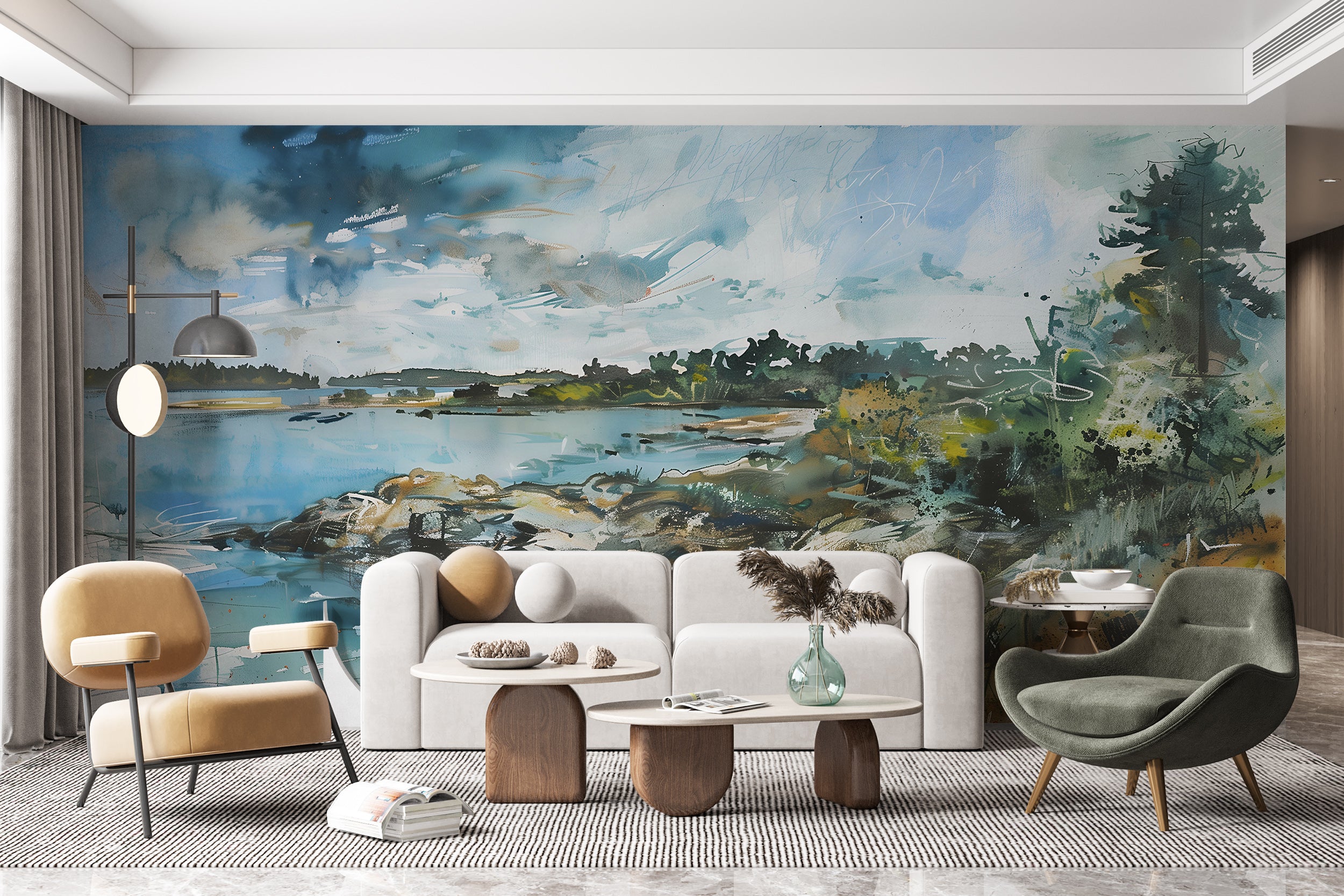 Lake Landscape Painting Wall Mural, Watercolor Scenic Wallpaper, Peel and Stick Abstract Nature Mural, Removable Oil Painting Style Nature Art