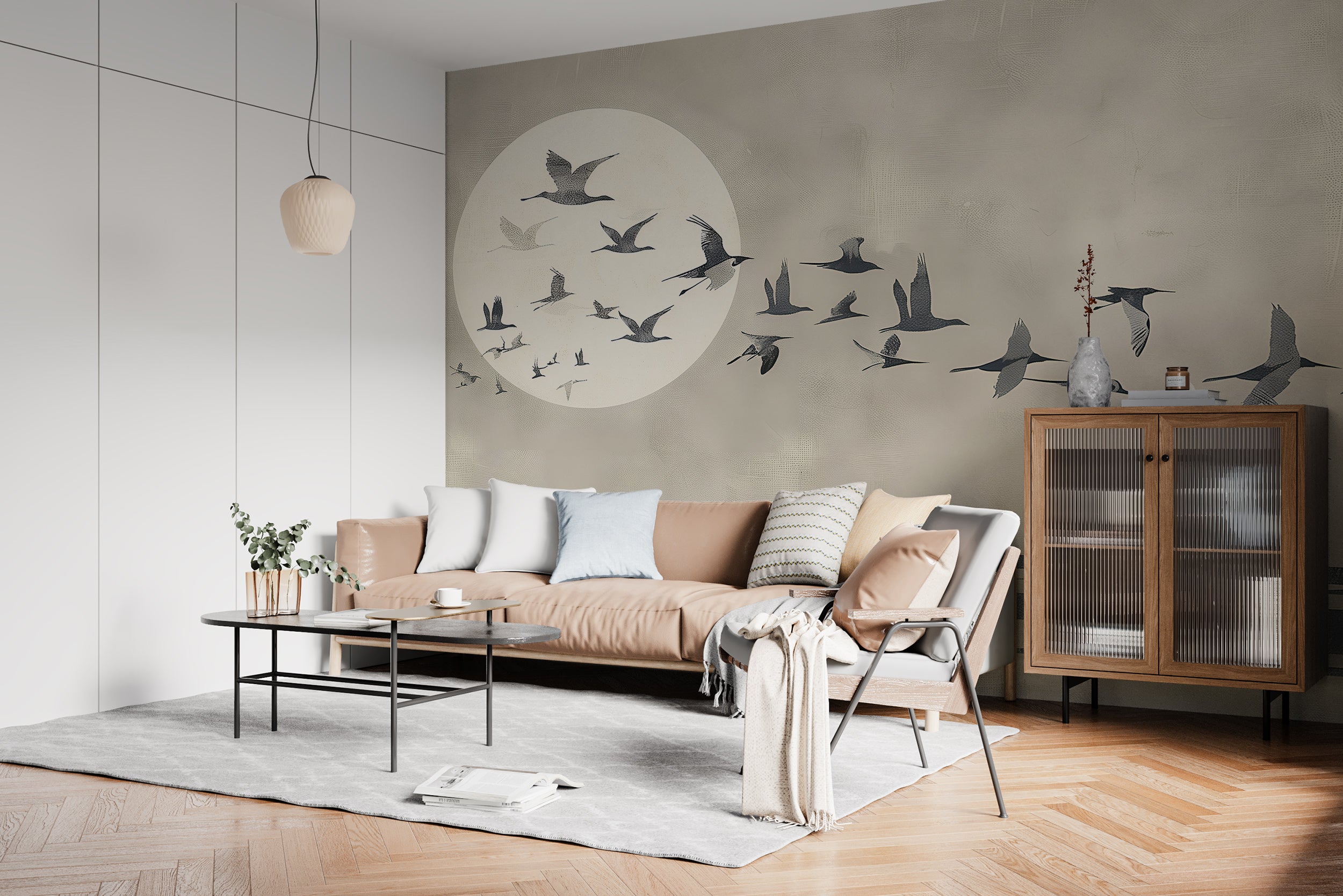 Birds and Sun Wall Mural, Abstract Beige Japanese Style Wallpaper, Peel and Stick Nature Wall Art, Minimalistic Bird Swallow Wallpaper