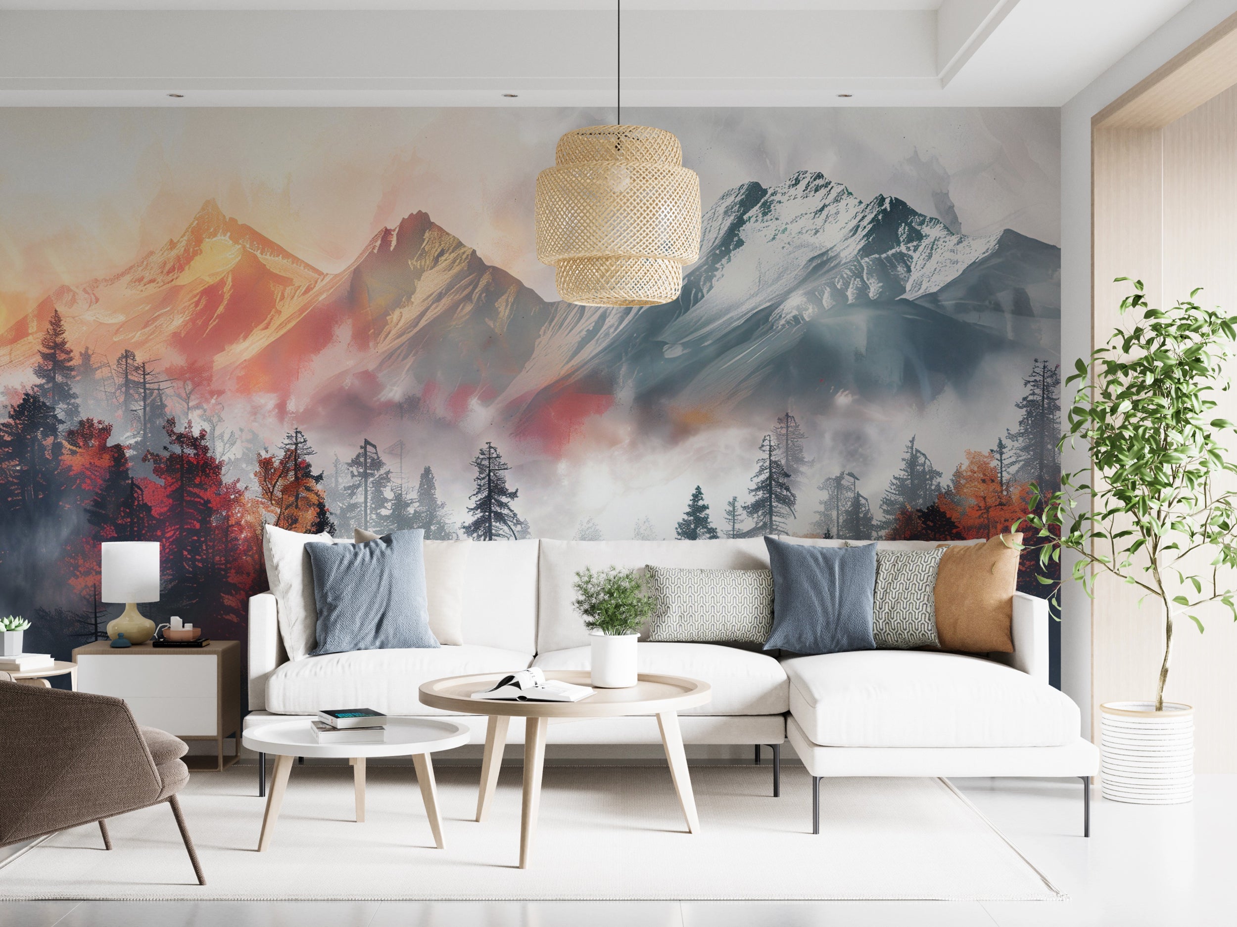 Grey and Orange Mountains and Pine Forest Wall Mural, Peel and Stick Foggy Landscape Mural, Removable Sunset Mountain Decor