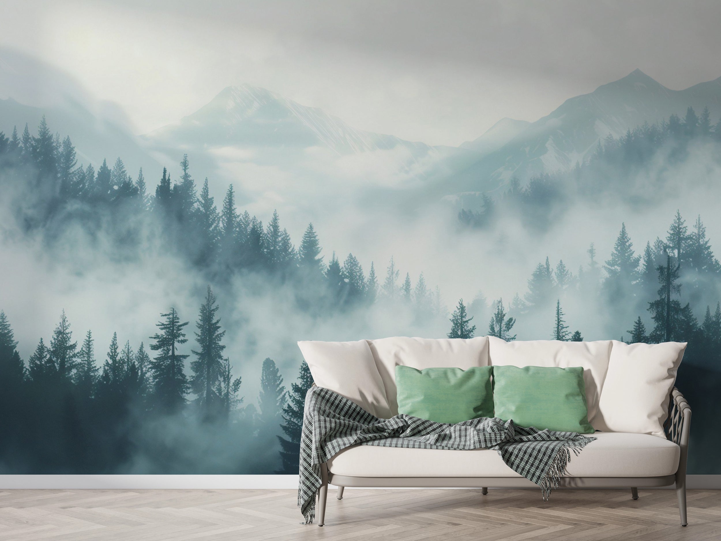 Watercolor Blue Forest and Mountains Mural, Peel and Stick Pine Forest Wallpaper, Soft Blue Nursery Removable Nature Wall Decor