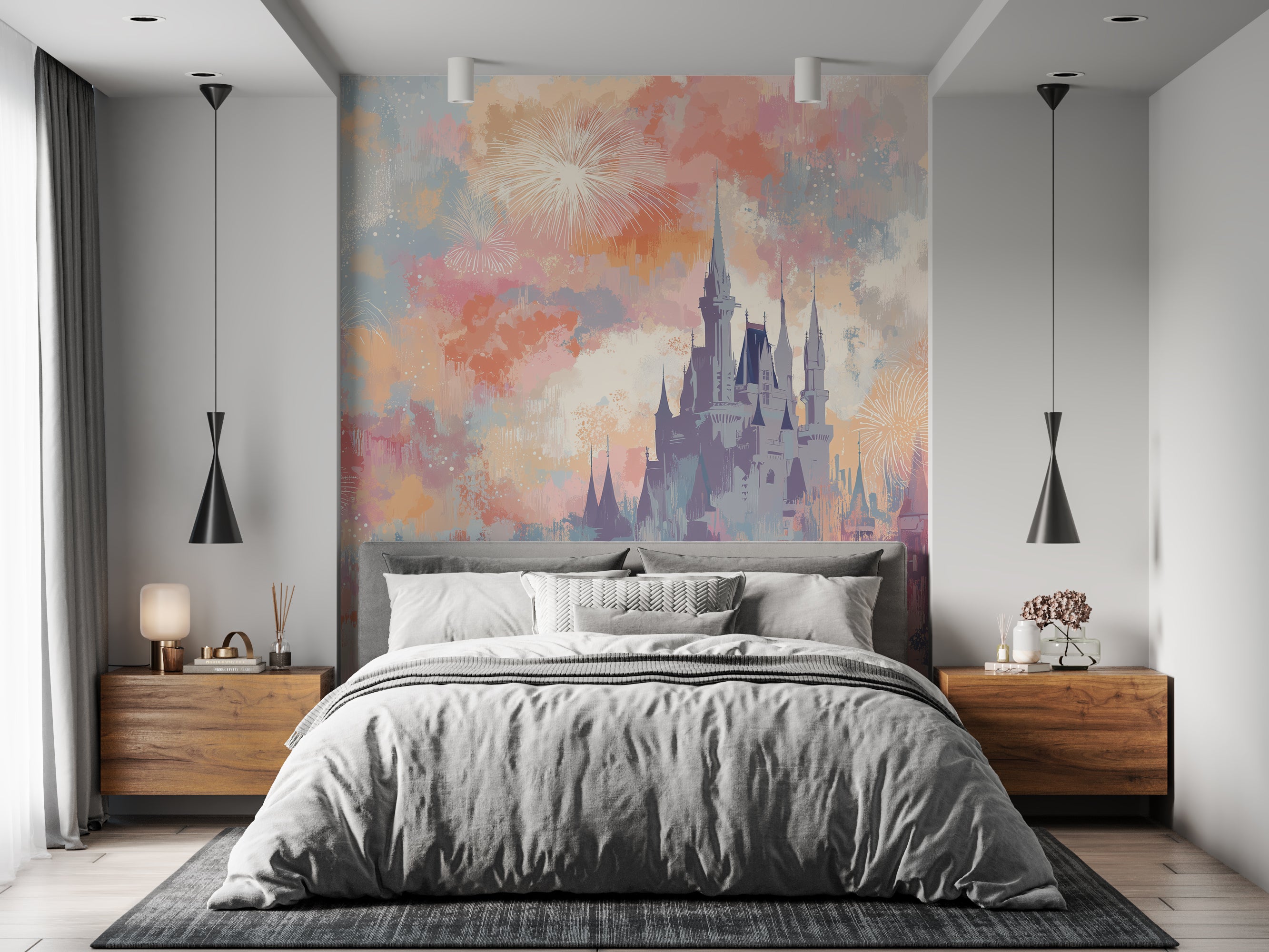 enchanted castle silhouette wall art in soft pastels
