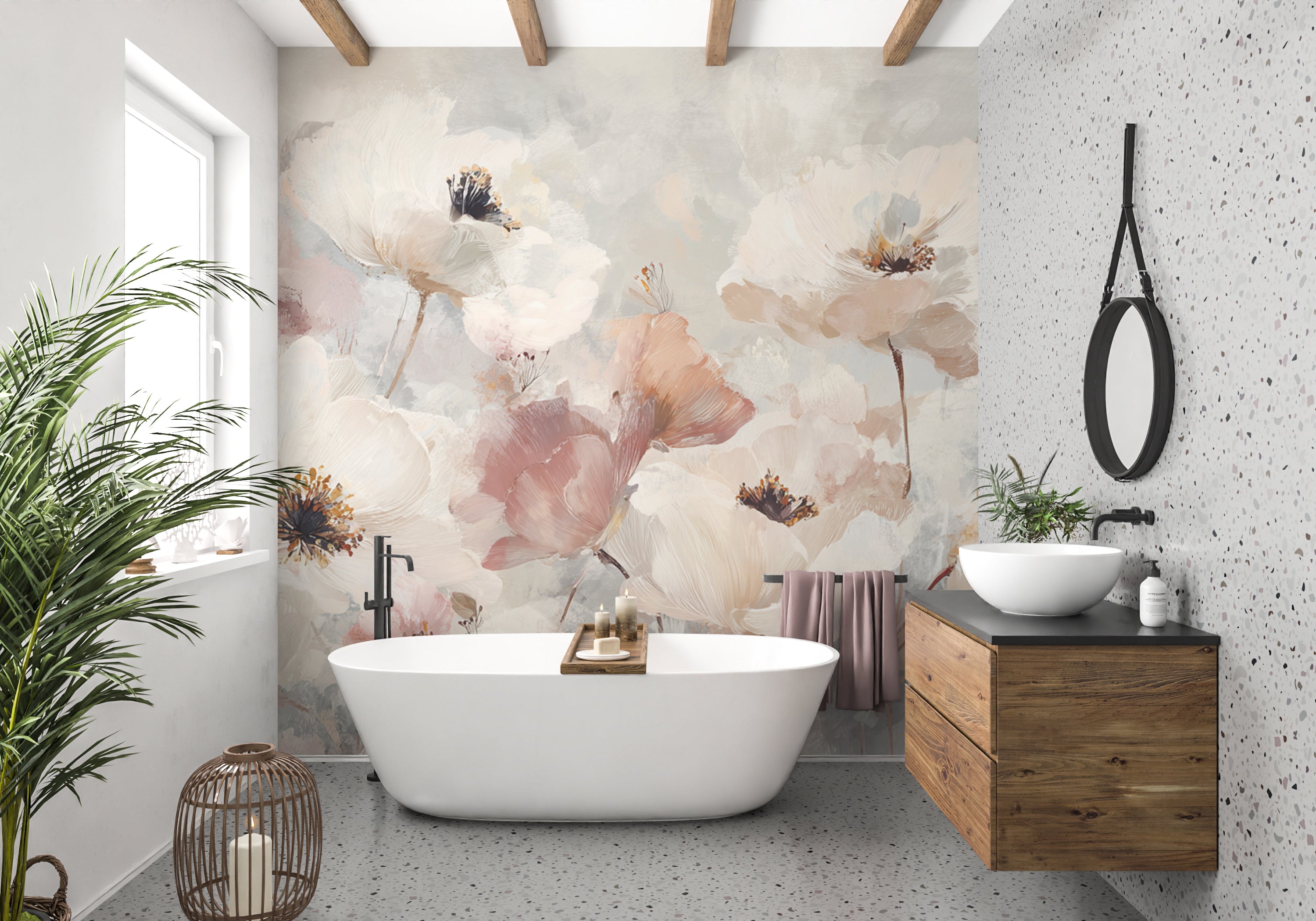 Romantic Floral Wall Mural – Blush and Cream Watercolor Flowers Wallpaper