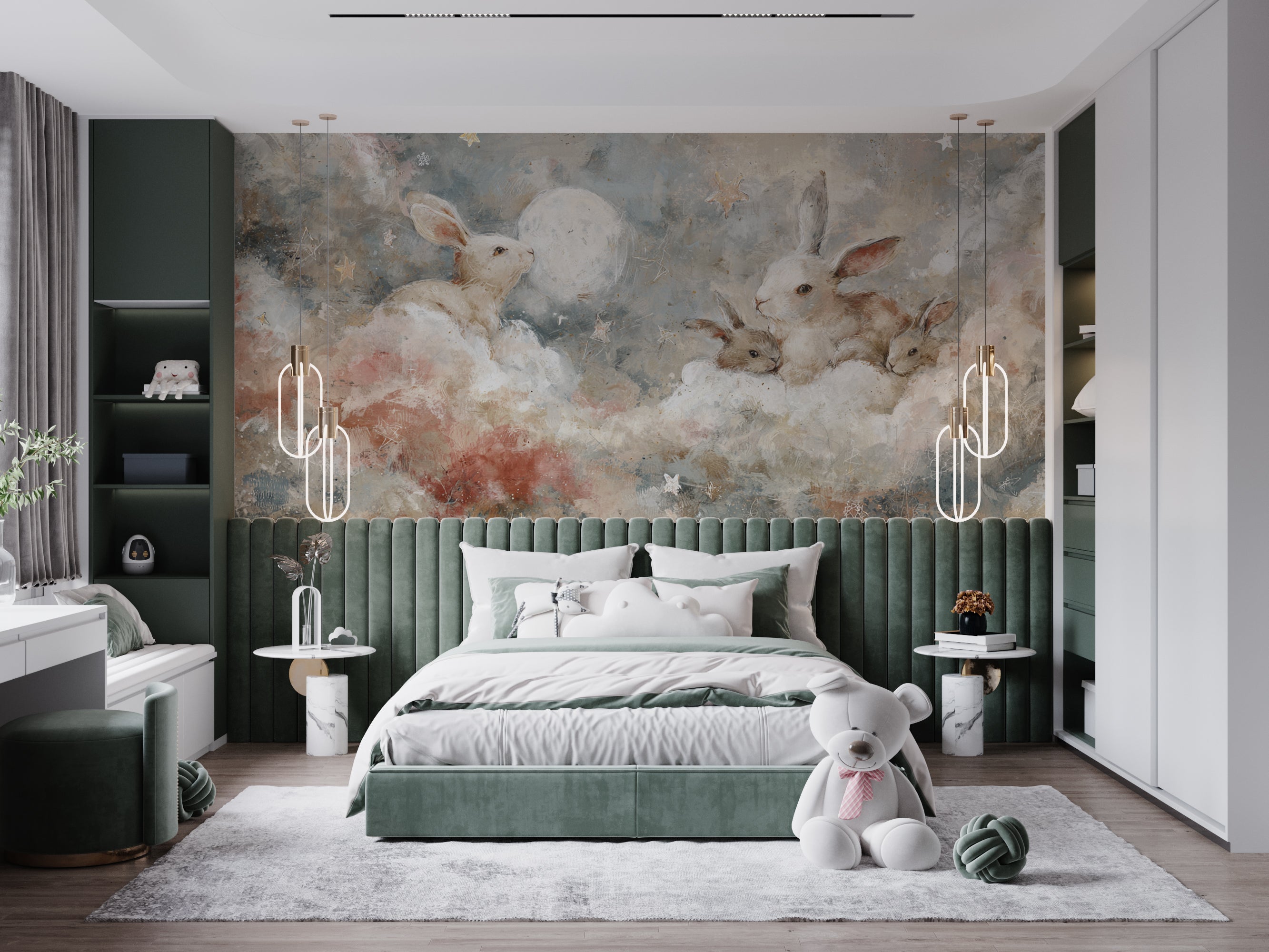 Pastel Bunny Mural for Nursery Kids Room Wall Art with Moon Stars and Clouds in Soft Colors
