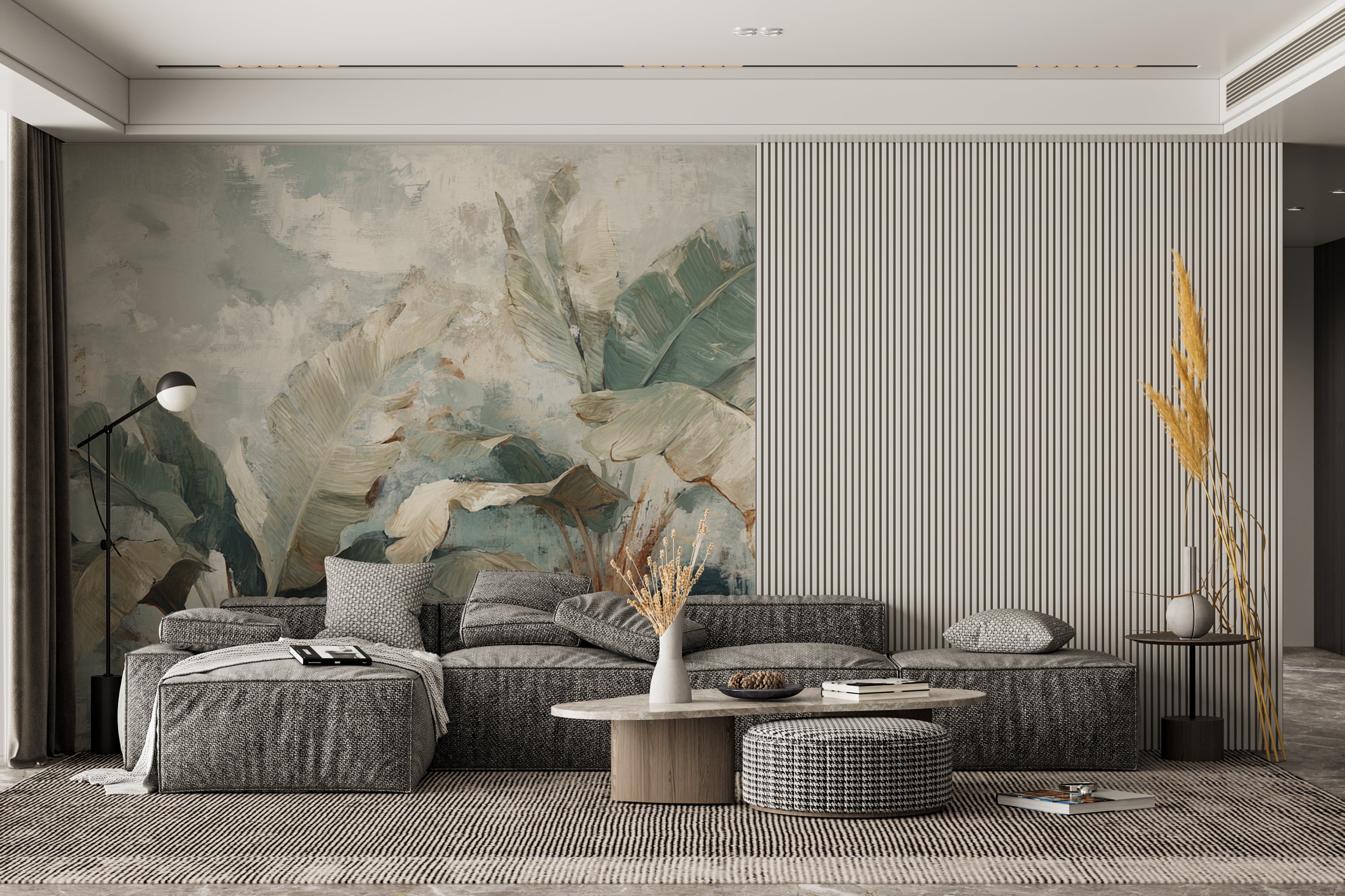 Botanical Wall Mural with Tropical Banana Leaves in Muted Green and Cream for Jungle Inspired Decor