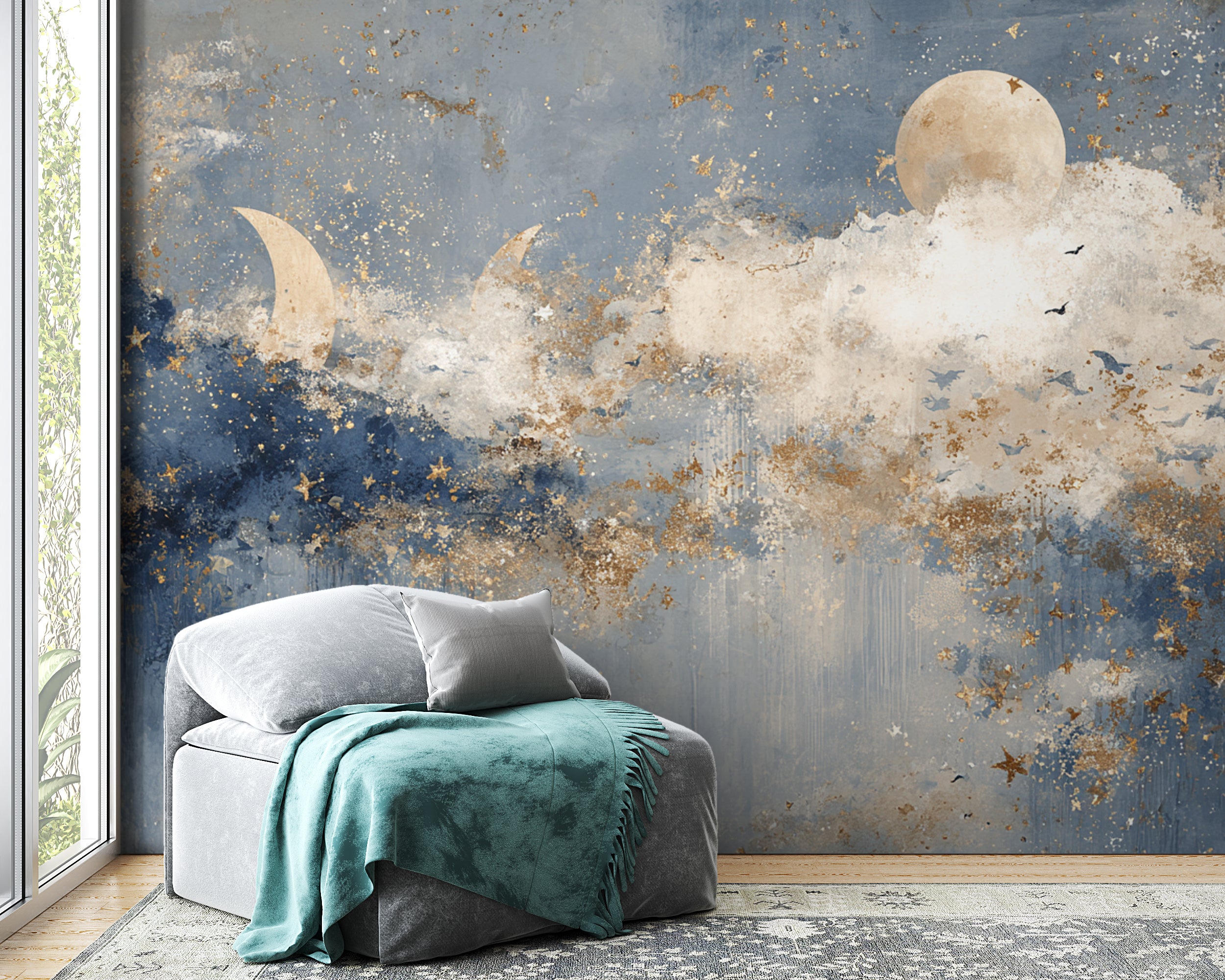 Celestial Wall Mural with Moon Phases Stars and Clouds in Navy Blue and Gold for Nursery or Dreamy Room Decor