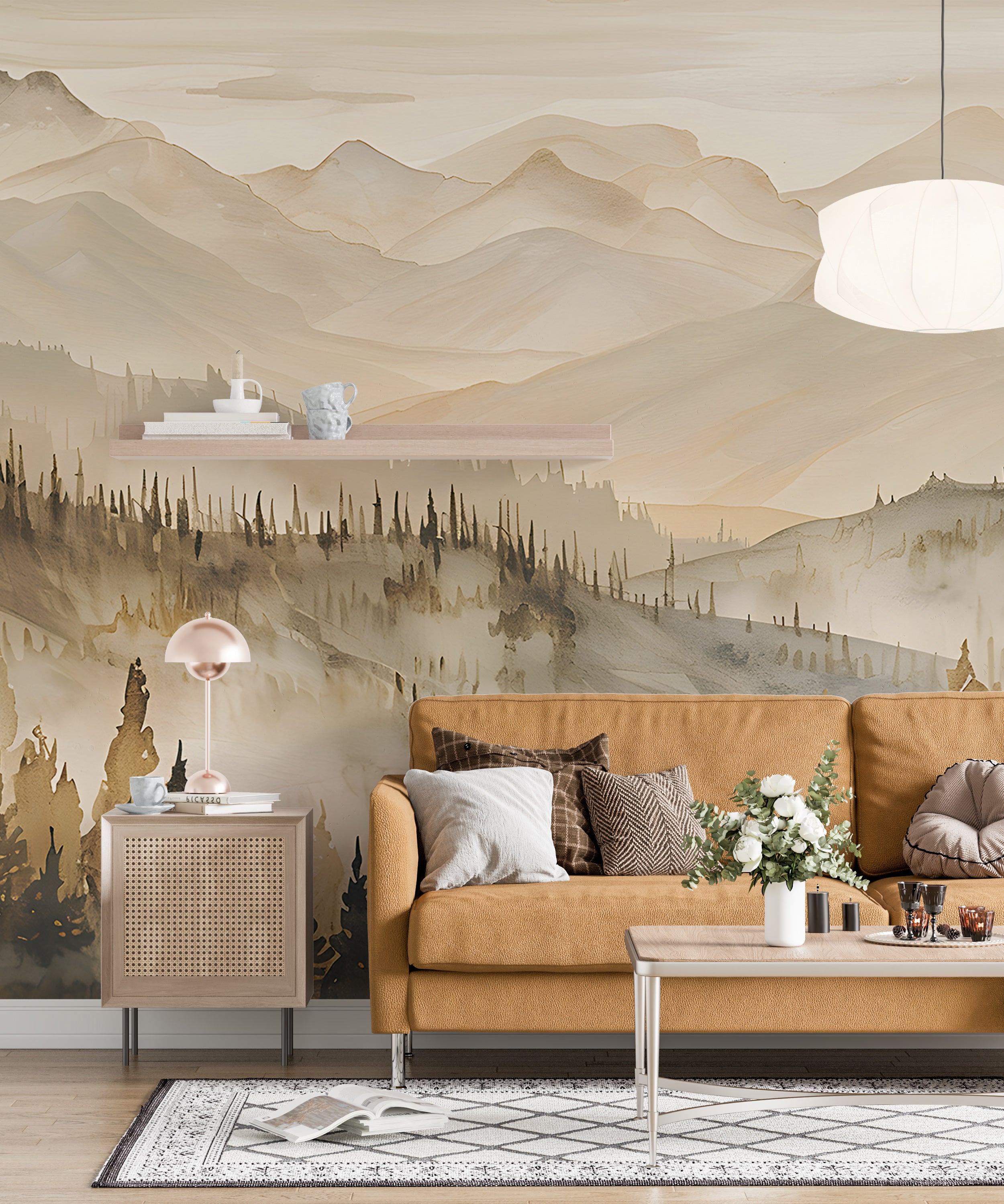 Brown and Beige Landscape Mural, Watercolor Mountains and Forest, Peel & Stick Nature Wall Decal, Removable Beige Pine Tree Forest