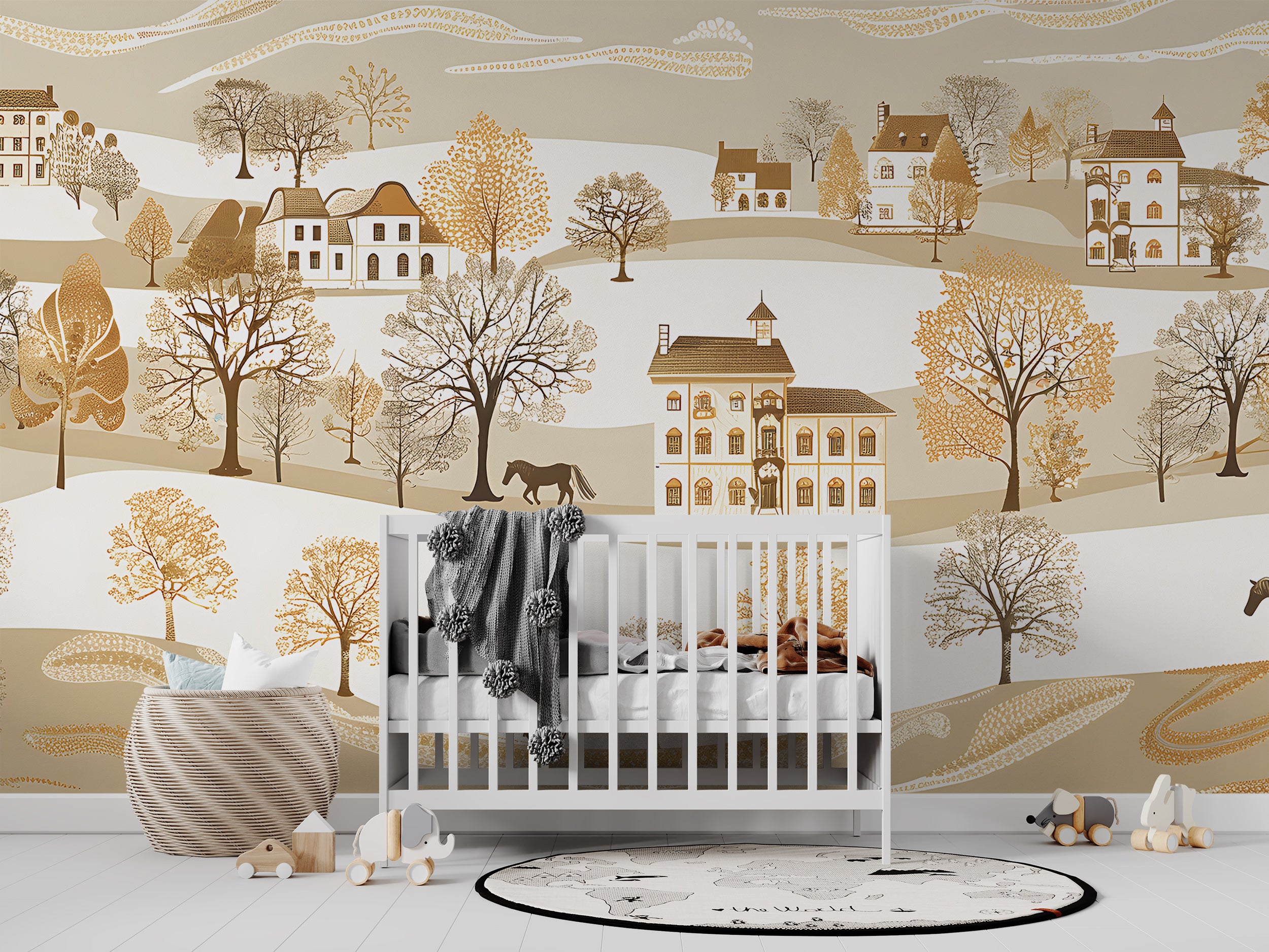 Beige Landscape with Houses and Trees Wallpaper, Seamless Horizontal Pattern Mural, Watercolor Classic Wall Art, Peel and Stick Traditional Village Mural