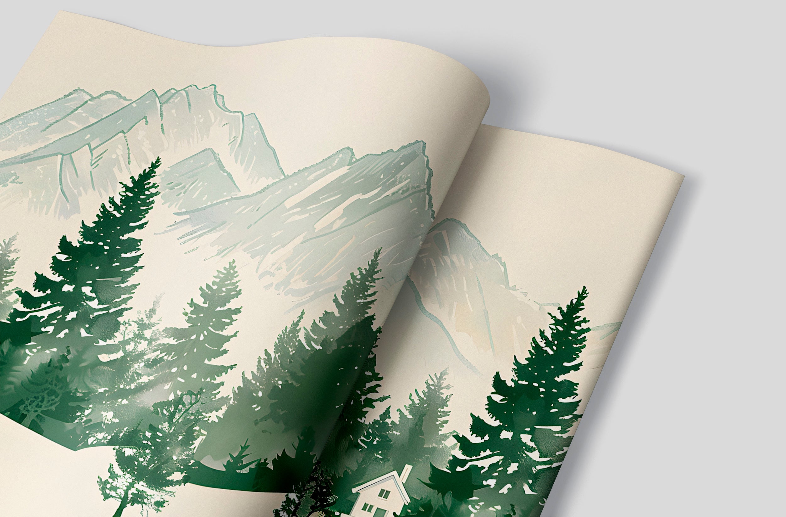 Monochrome Mountains and Forest Mural, Green and White Landscape Wallpaper, Self-adhesive Seamless Mountain Pattern, Removable Nature Decal