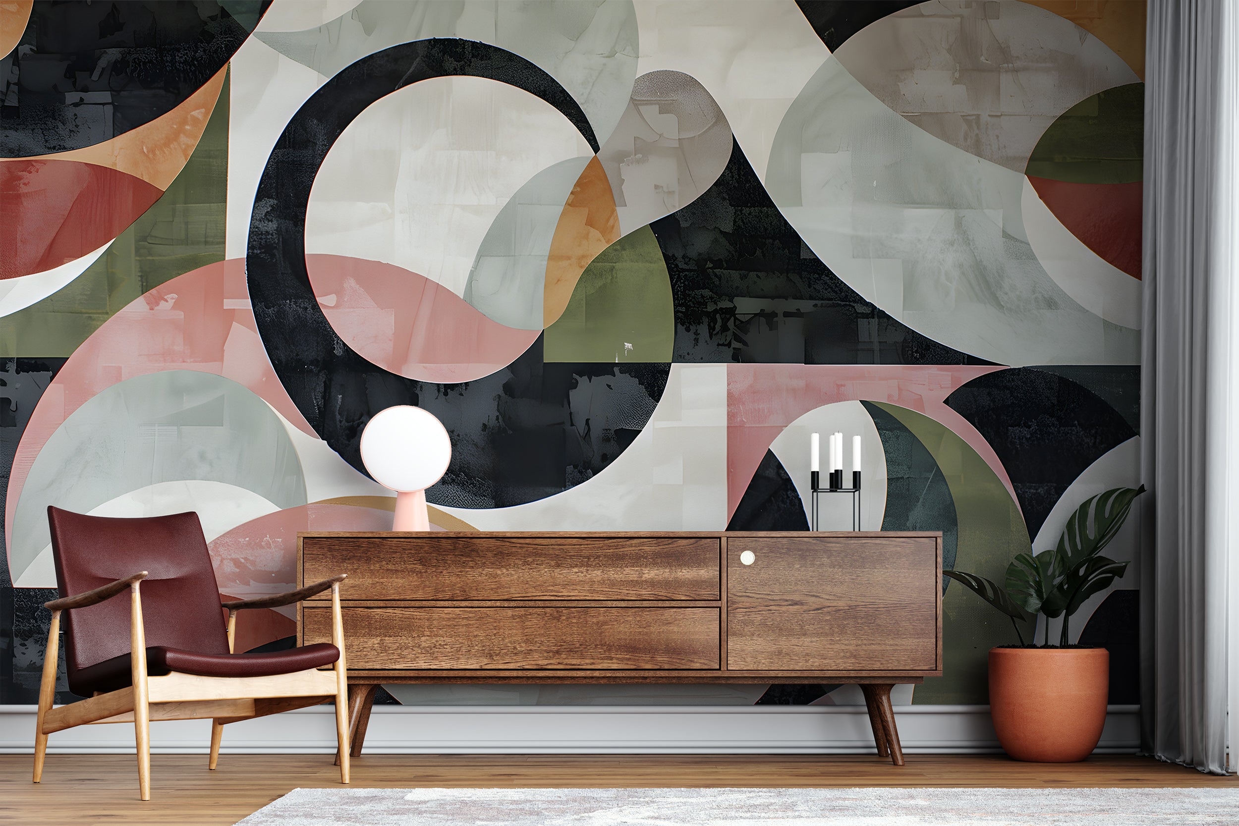 Abstract Geometric Mural, Art Deco Wallpaper, Peel and Sick Modern Mural, Colorful Watercolor Removable Wall Decal