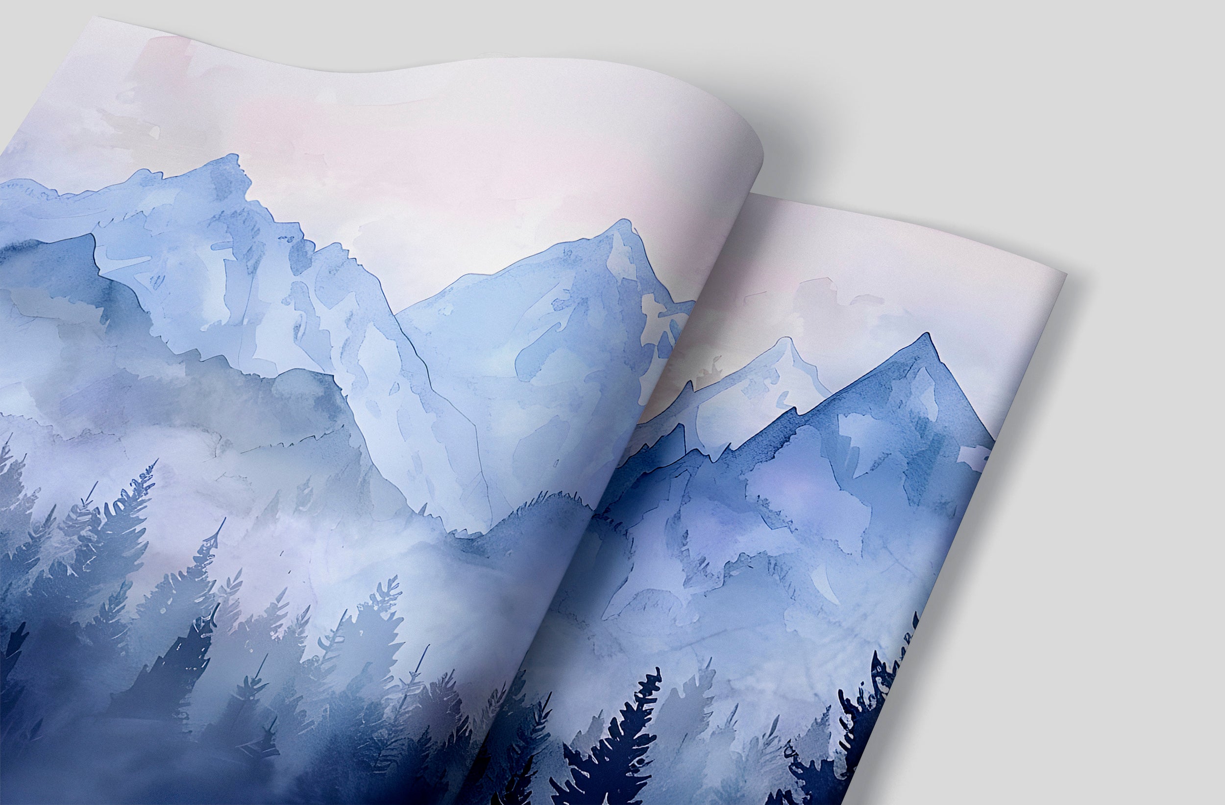 Watercolor Pastel Blue Mountains Mural, Forest and Mountain Landscape Wallpaper, Self-adhesive Removable Blue Nature Nursery Decal