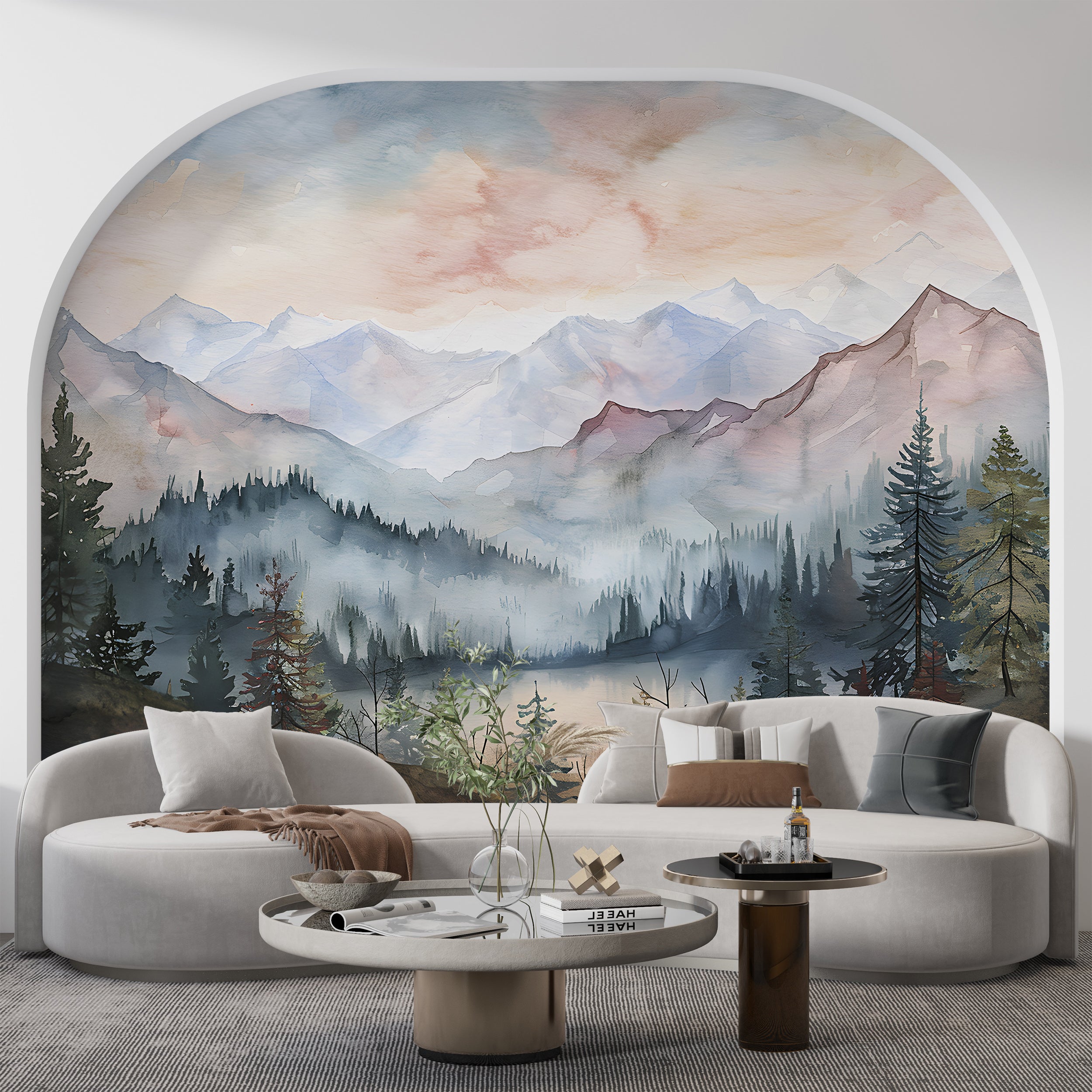 Watercolor Wild Nature Landscape Mural, Mountains and Forest Wallpaper, Peel and Stick Mountain Valley Decal, Colorful Nursery Landscape Wall Art