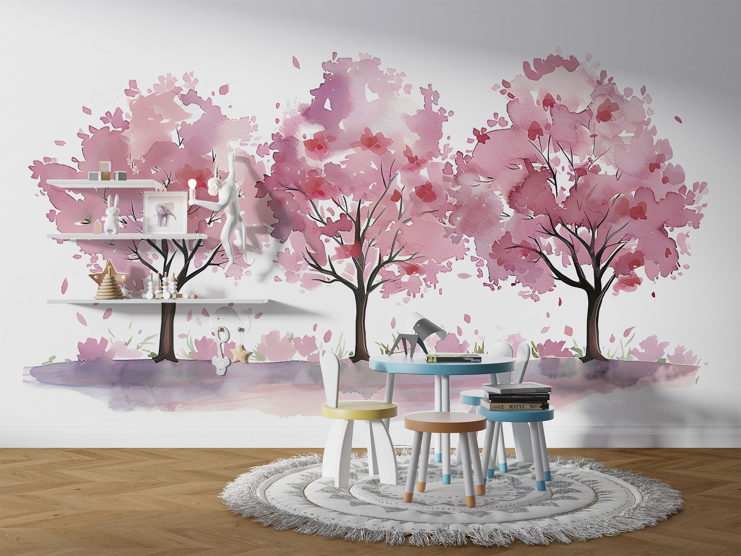 Nursery Pink Trees Mural, Watercolor Three Trees Wallpaper, Peel and Stick Custom Size Removable Kids Wall Decal, PVC-free