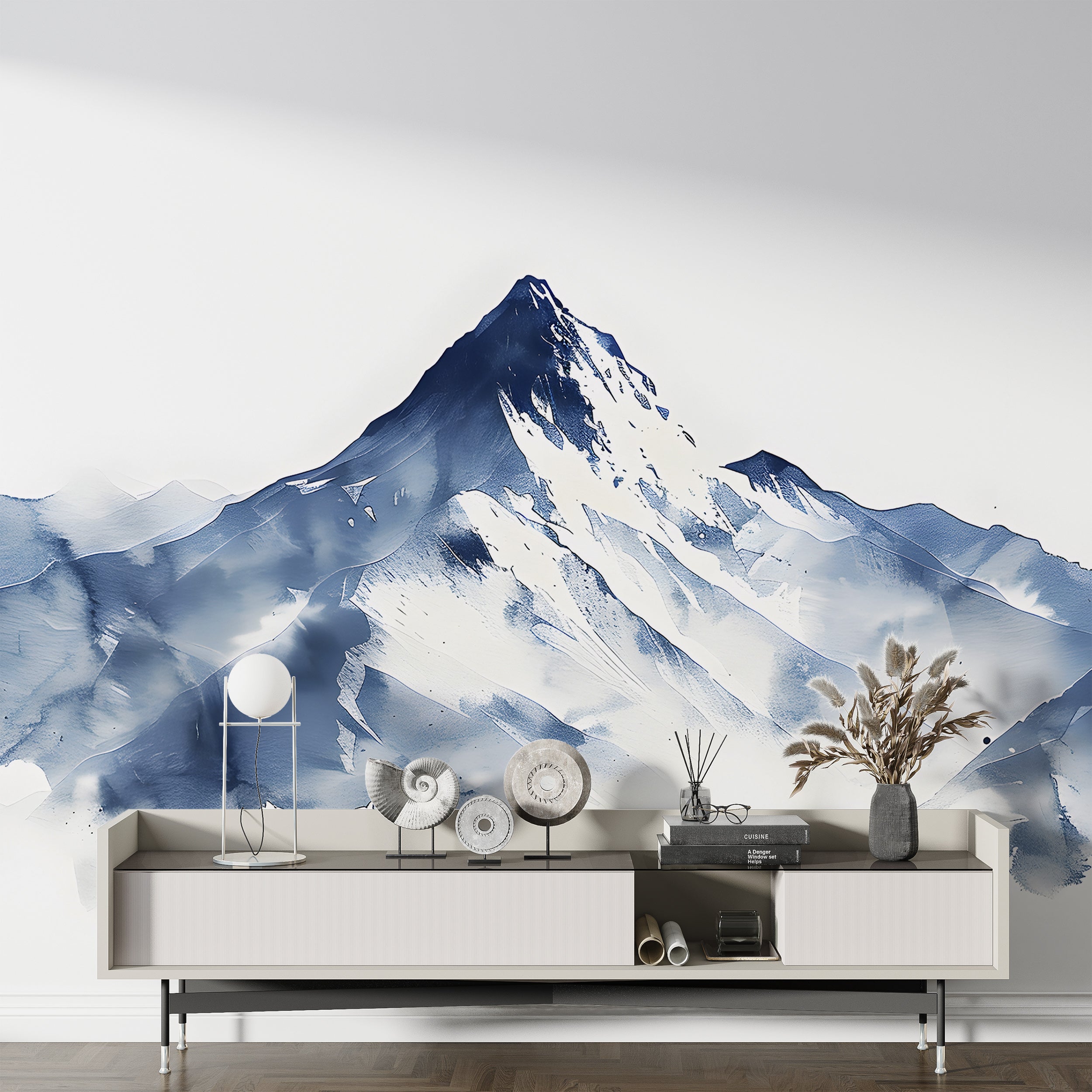 Minimalistic Blue Mountain Mural, Watercolor Snowy Mountains Wallpaper, Cartoon Style Peel and Stick Mountain, Removable Blue and White Landscape