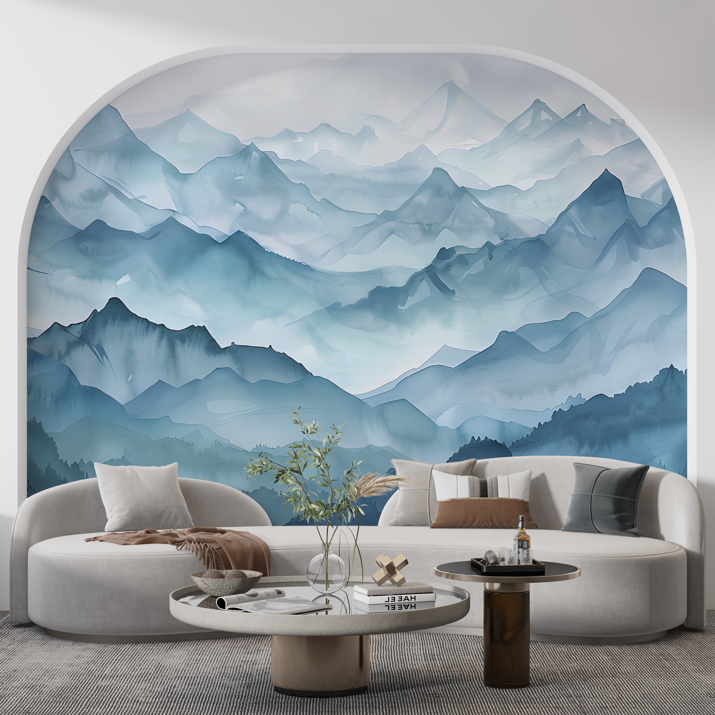 Abstract Blue Mountains Mural, Peel and Stick Foggy Mountain Wallpaper, Watercolor Misty Landscape Art, Nursery Blue Nature Decal