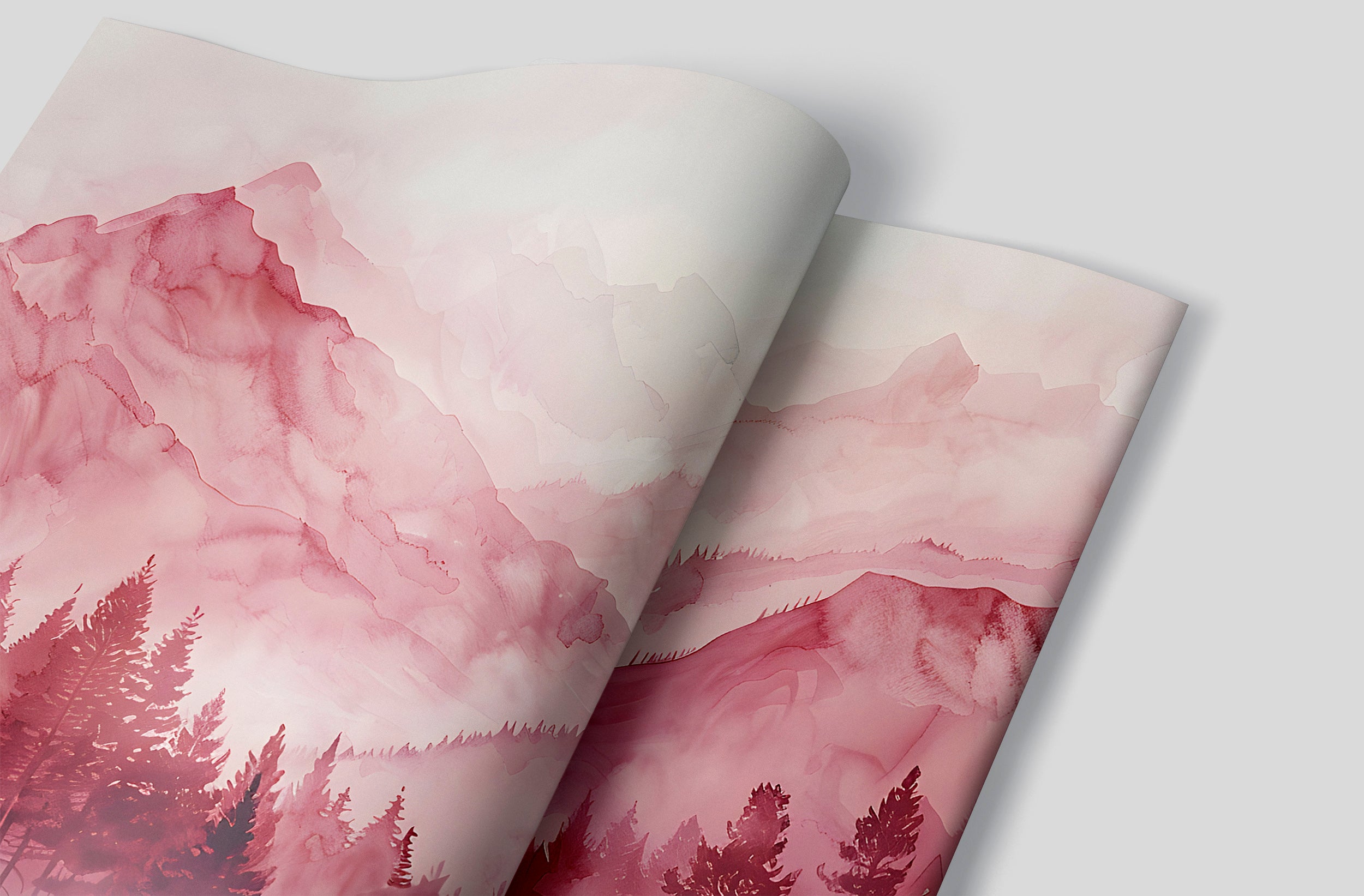 Pink Nursery Landscape Wallpaper, Watercolor Mountain View Mural, Peel and Abstract Stick Forests and Mountains Wall Mural, Soft Pink Nature Art