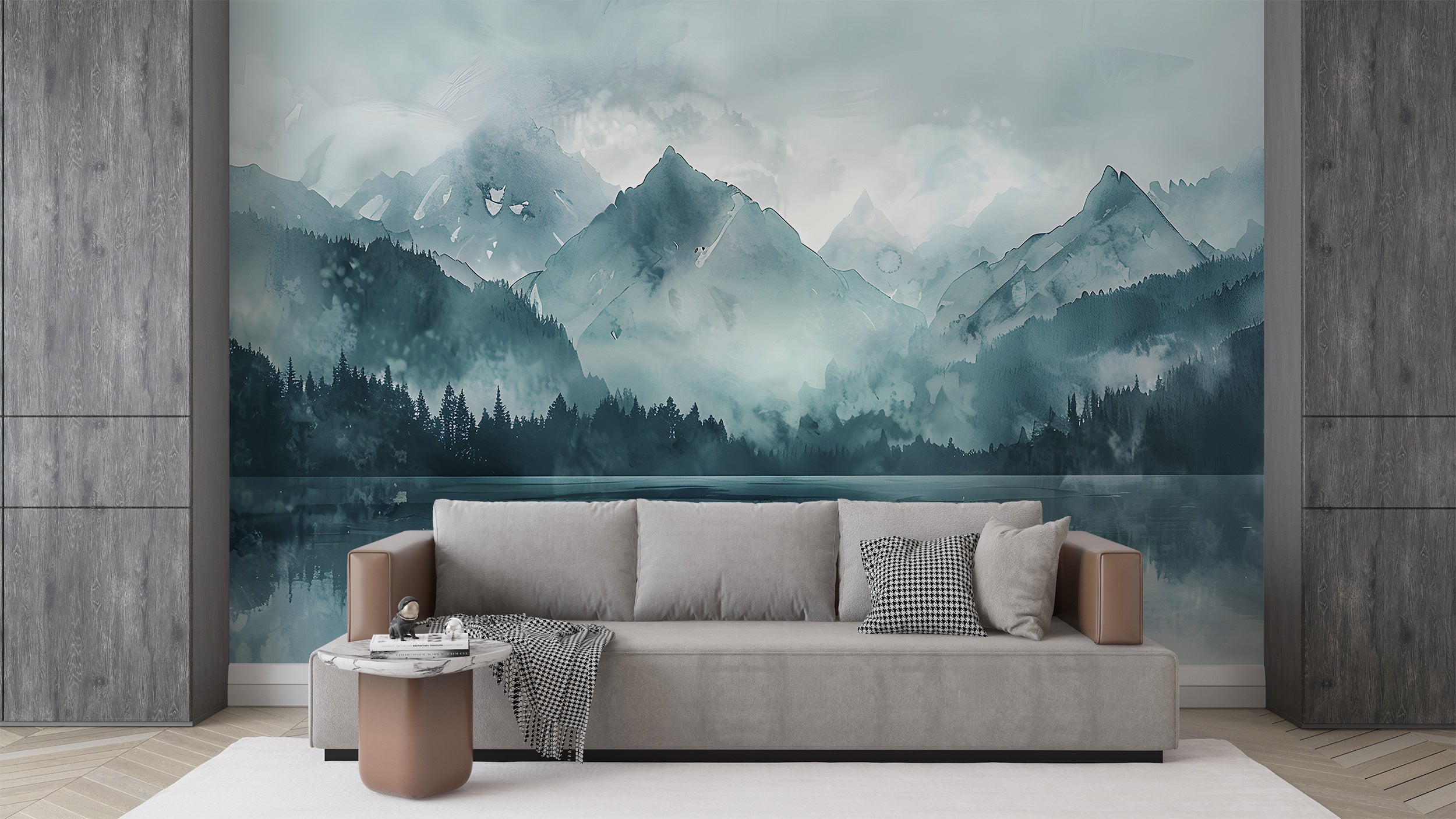 Mountain Lake in Mint Colors Mural, Watercolor Forest and Mountains Wallpaper, Peel and Stick Green Lake Landscape Art, Abstract Nature Decor