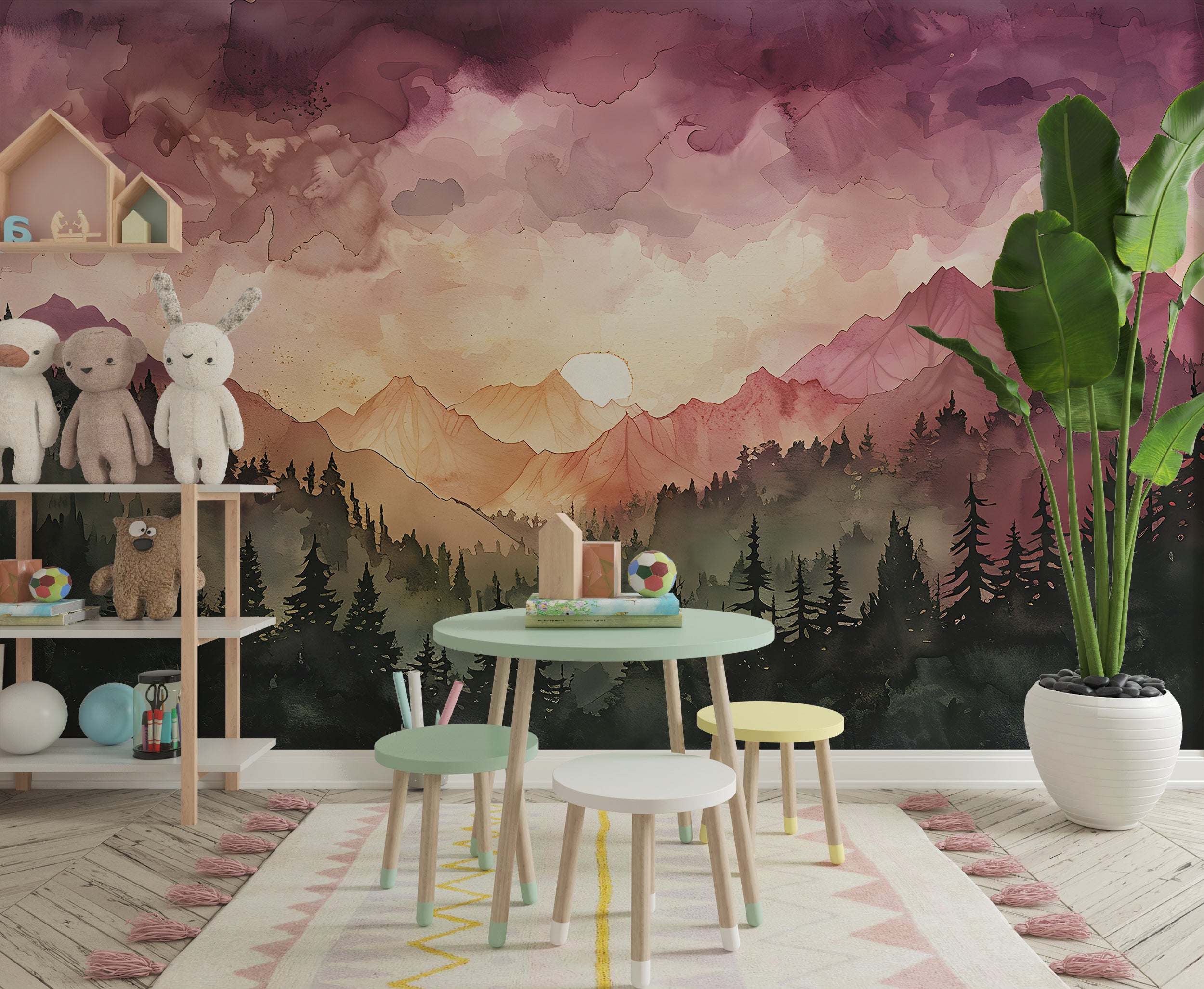 Pink and Orange Mountain Sunset Mural, Watercolor Mountains and Forest Landscape Wallpaper, Colorful Nursery Nature Wall Art