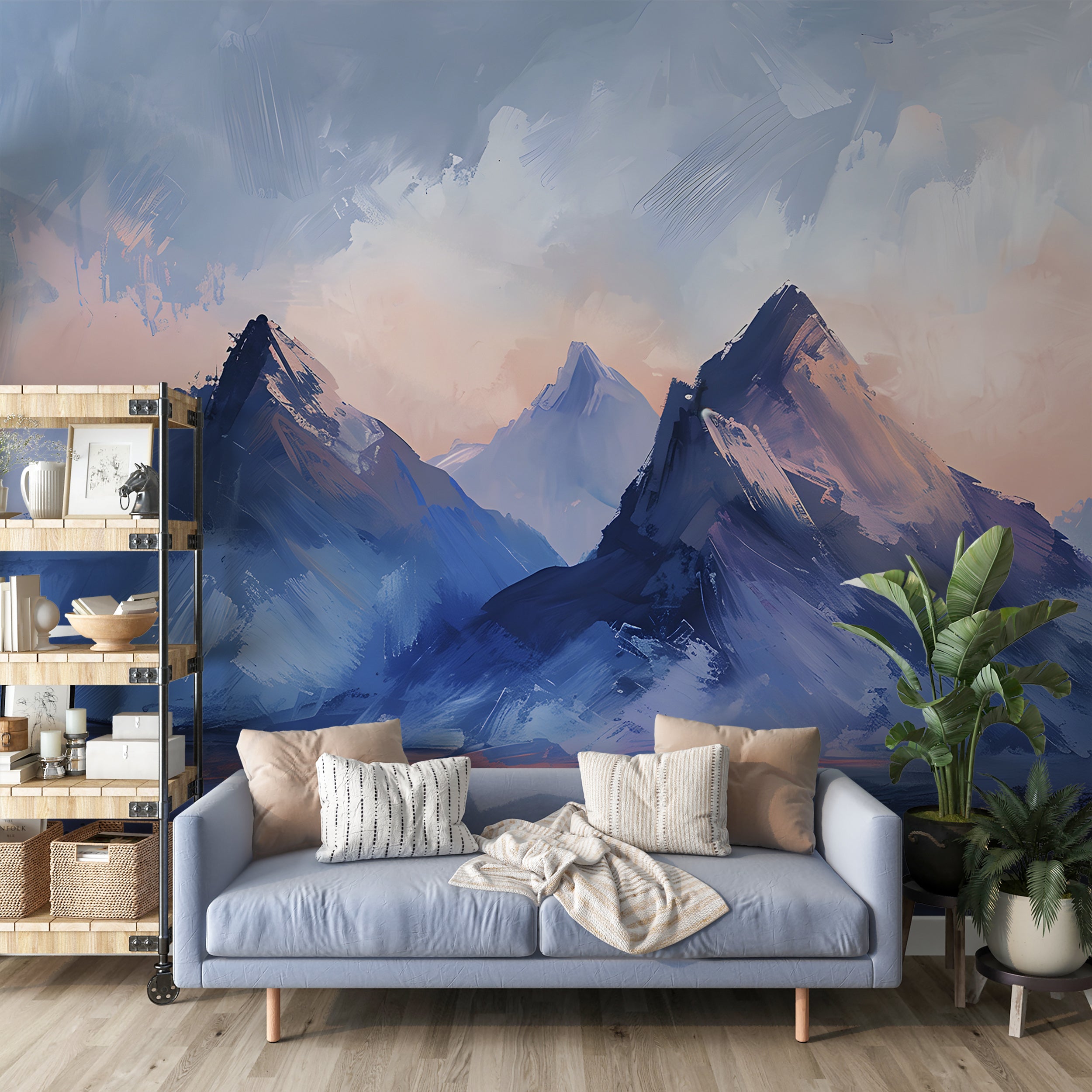 Oil Brushed Style Mountains Mural, Peel and Stick Blue Mountain, Watercolor Abstract Landscape, Nursery Deep Blue Wall Art, PVC free Decal