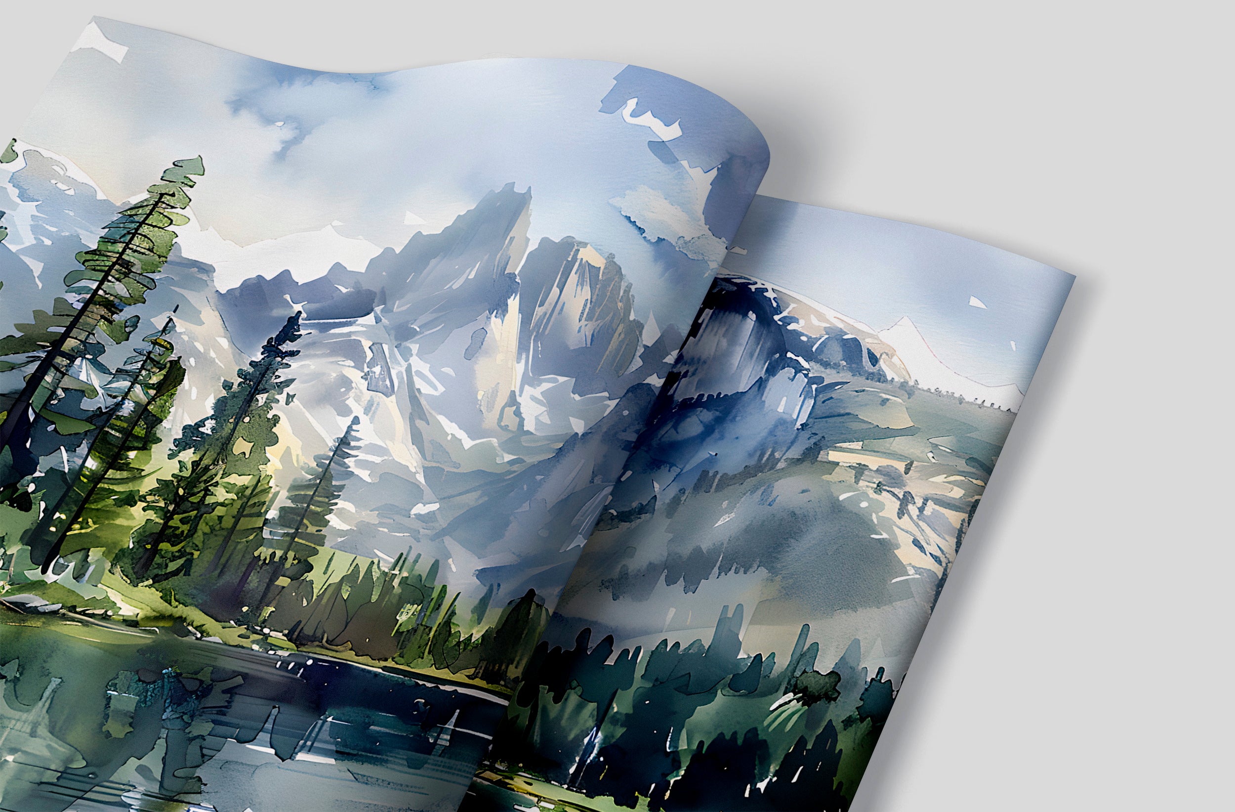 Watercolor Mountain Lake Mural, National park Landscape, Peel and Stick Mountains and Forest Wallpaper, Wild Nature Wall Art