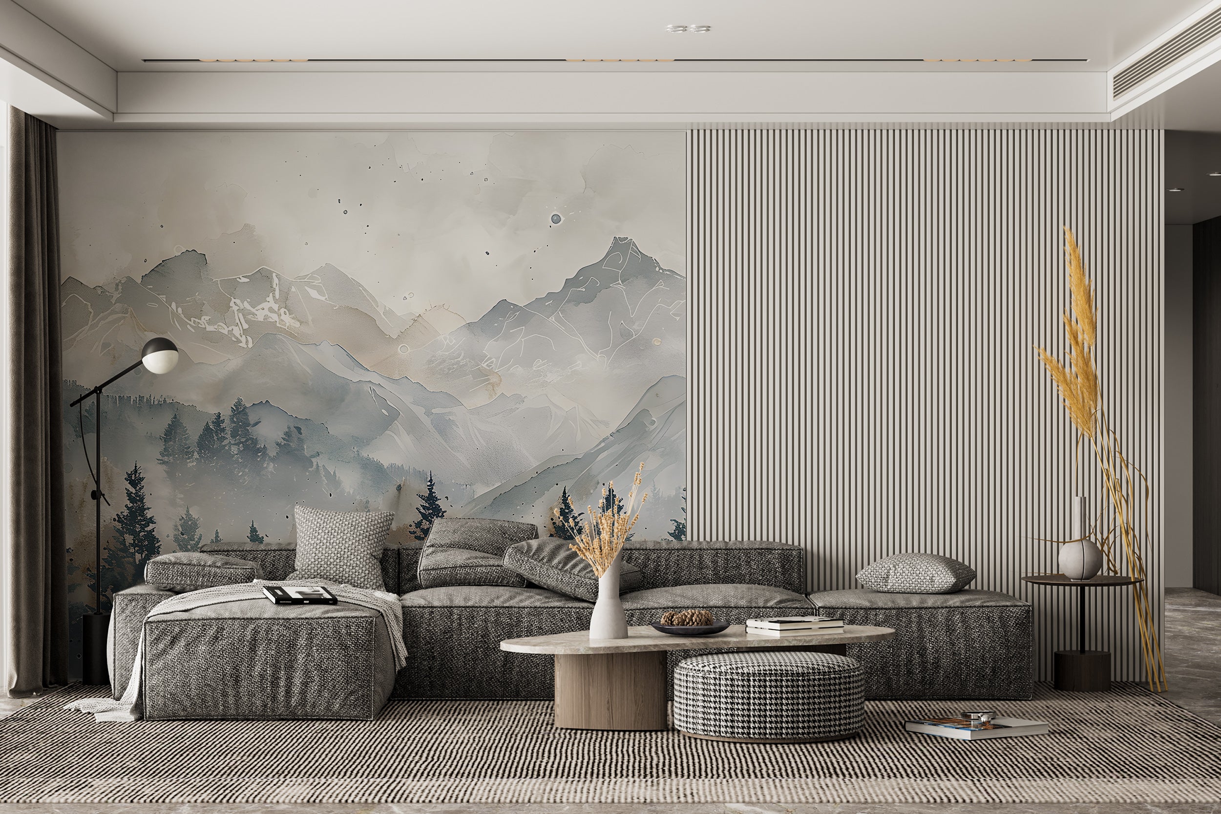 Forest and Mountains in Watercolor Style Mural, Grey Cloudy Mountain Landscape, Peel and Stick Pine Forest Natural Colors Wall Decor, Removable Wall Art
