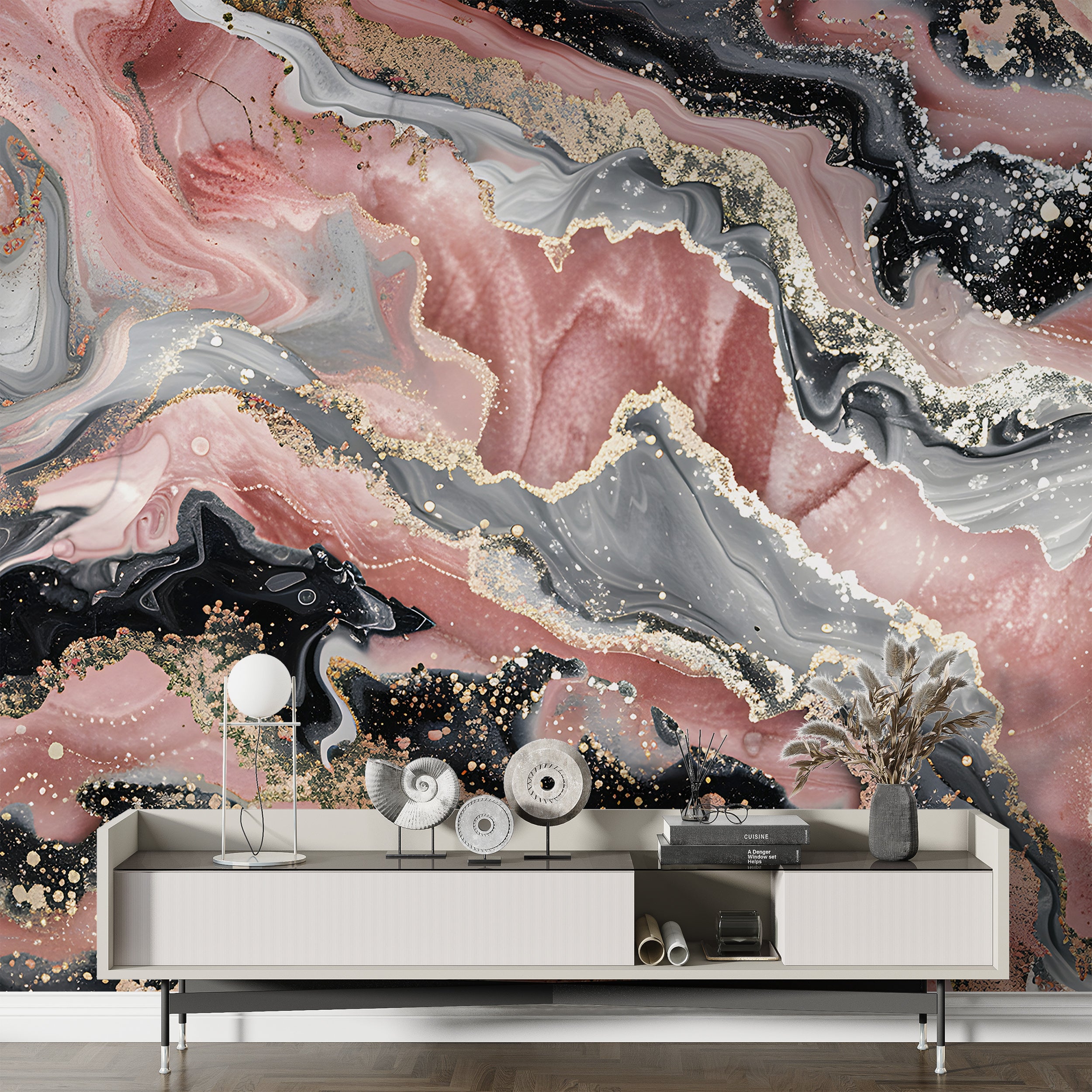 Pink Black Grey and Gold Alcohol Ink Mural, Peel and Stick Marble Texture Wallpaper, Removable Modern Wall Art, Abstract Unique Decor