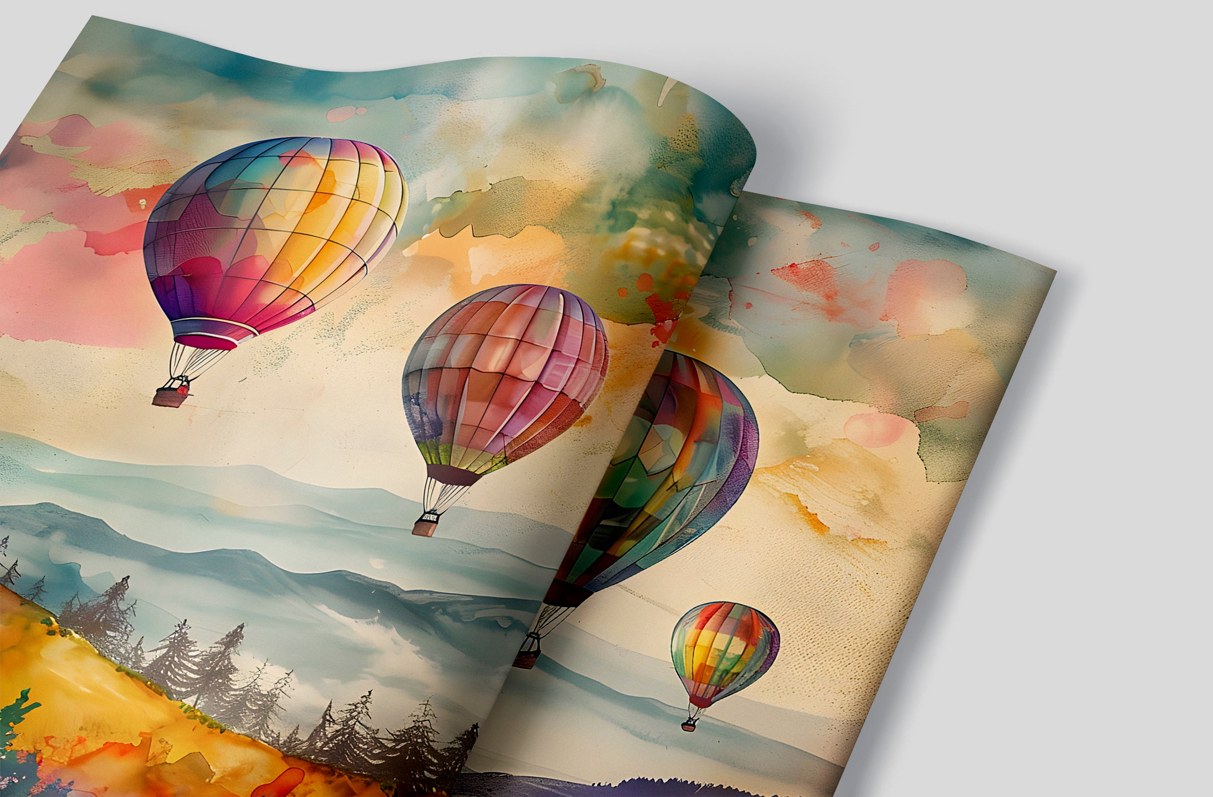 Colorful Hot Air Balloons Mural, Peel and Stick Watercolor Landscape, Nursery Multicolor Wall Decal, Mountains and Forest Kids Room PVC Free