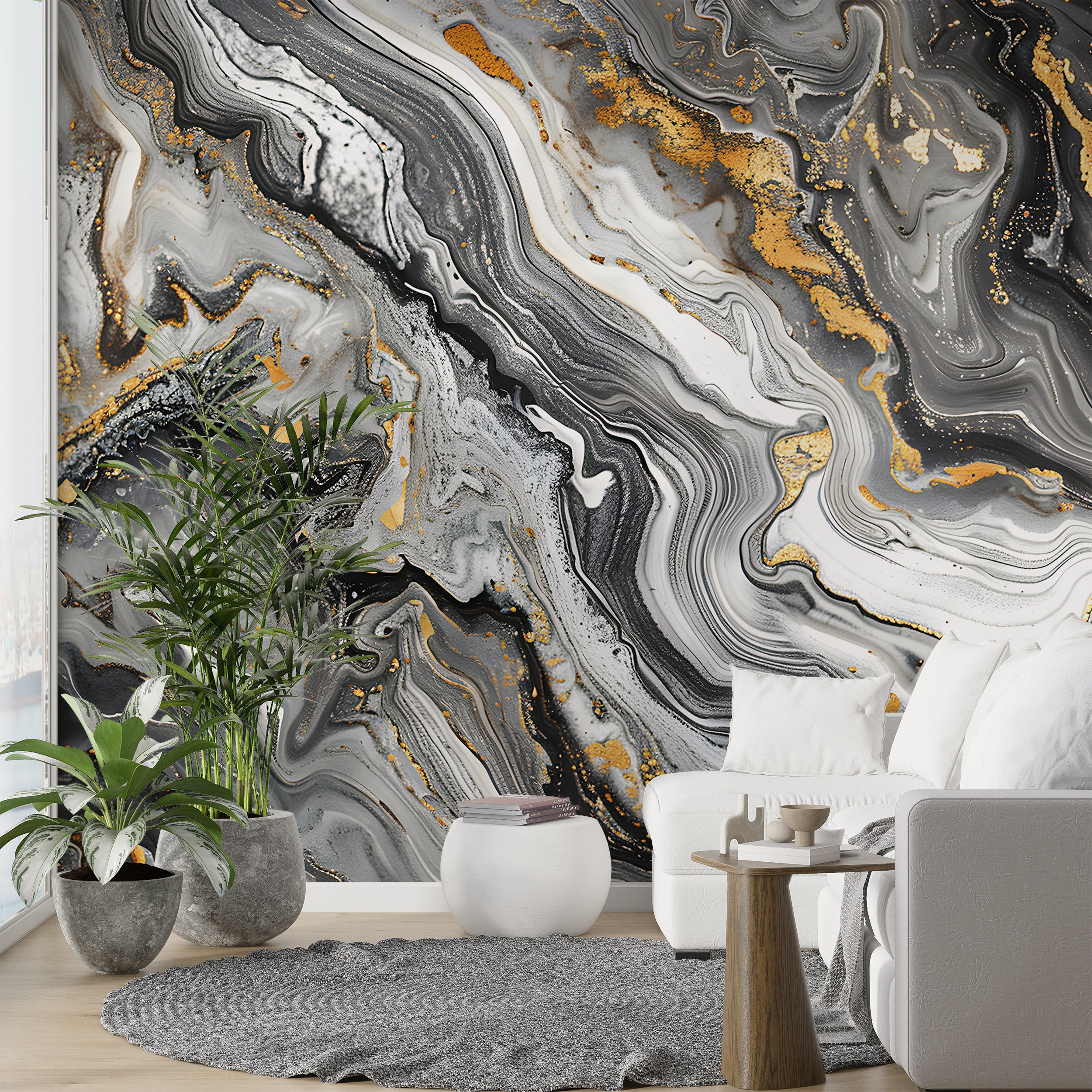 Black Grey and Gold Alcohol Ink Mural, Peel and Stick Dark Marble Wallpaper, Removable PVC-free Abstract Decor, Unique Custom Size Art