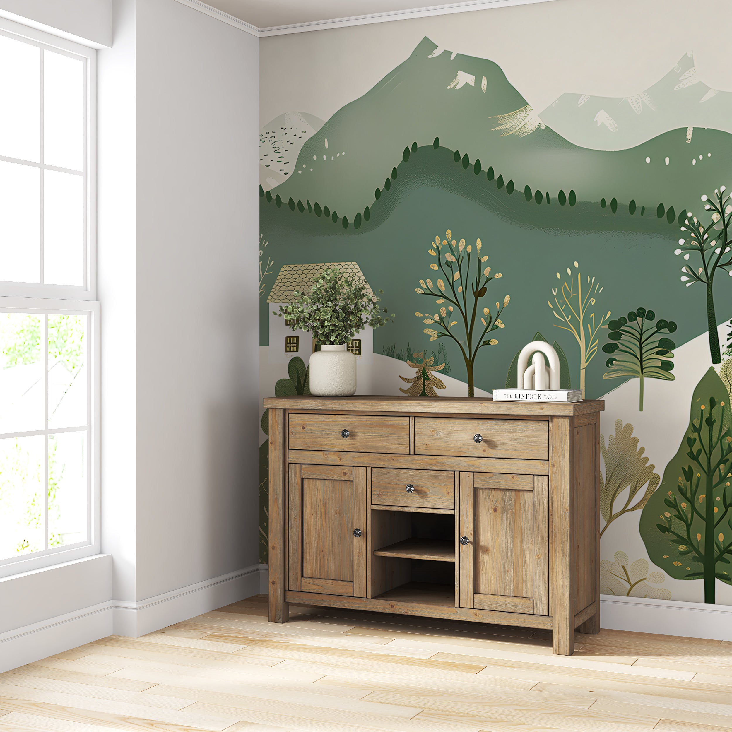 Green and Beige Forest Village Mural, Peel and Stick Mountains Trees and Houses Wallpaper, Removable Horizontal Seamless Pattern Wall Decor