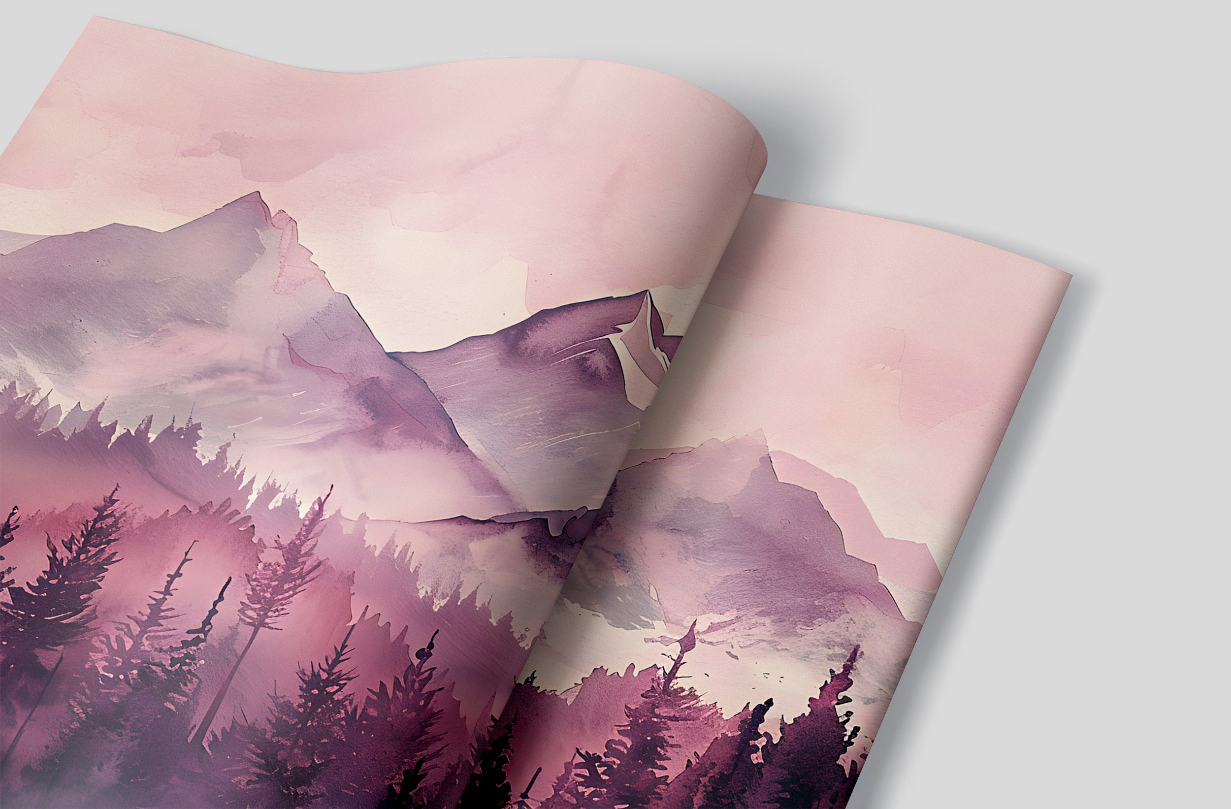 Soft Pink Mountains and Forest Mural, Peel and Stick Watercolor Mountains Landscape Wallpaper, Nursery Removable Custom Size Decor