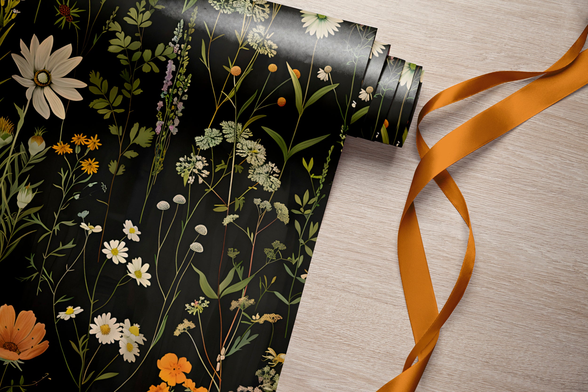 Meadow Flowers Wallpaper, Dark Botanical Decal, Peel and Stick Dark Floral, Vintage Flower Wallpaper, Removable Wild Flowers Black Background