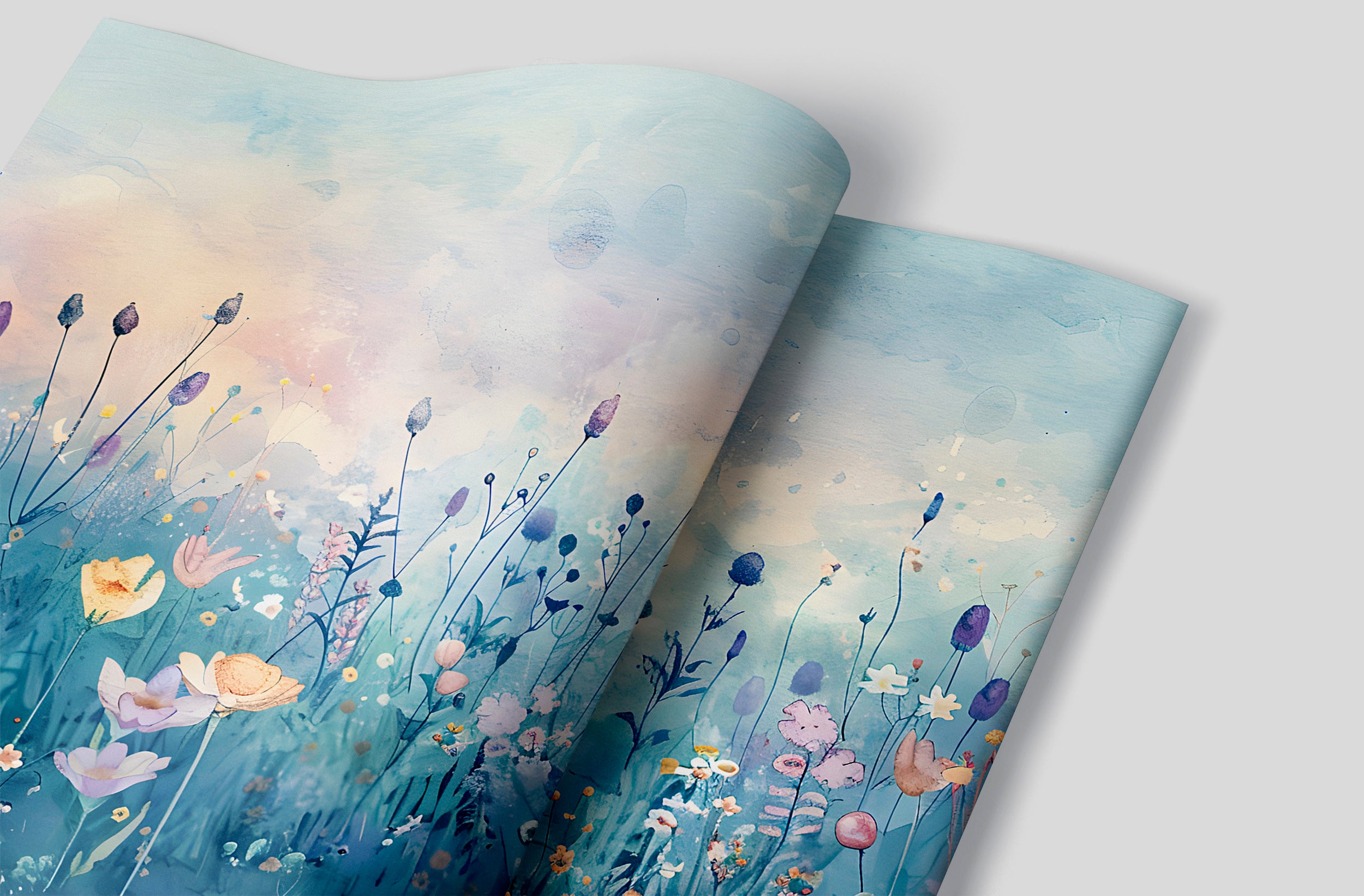 Blue Meadow Flowers Mural, Watercolor Flower Field Wallpaper, Pastel Colors Peel and Stick Floral Wall Mural, Removable Botanical Art, PVC-free