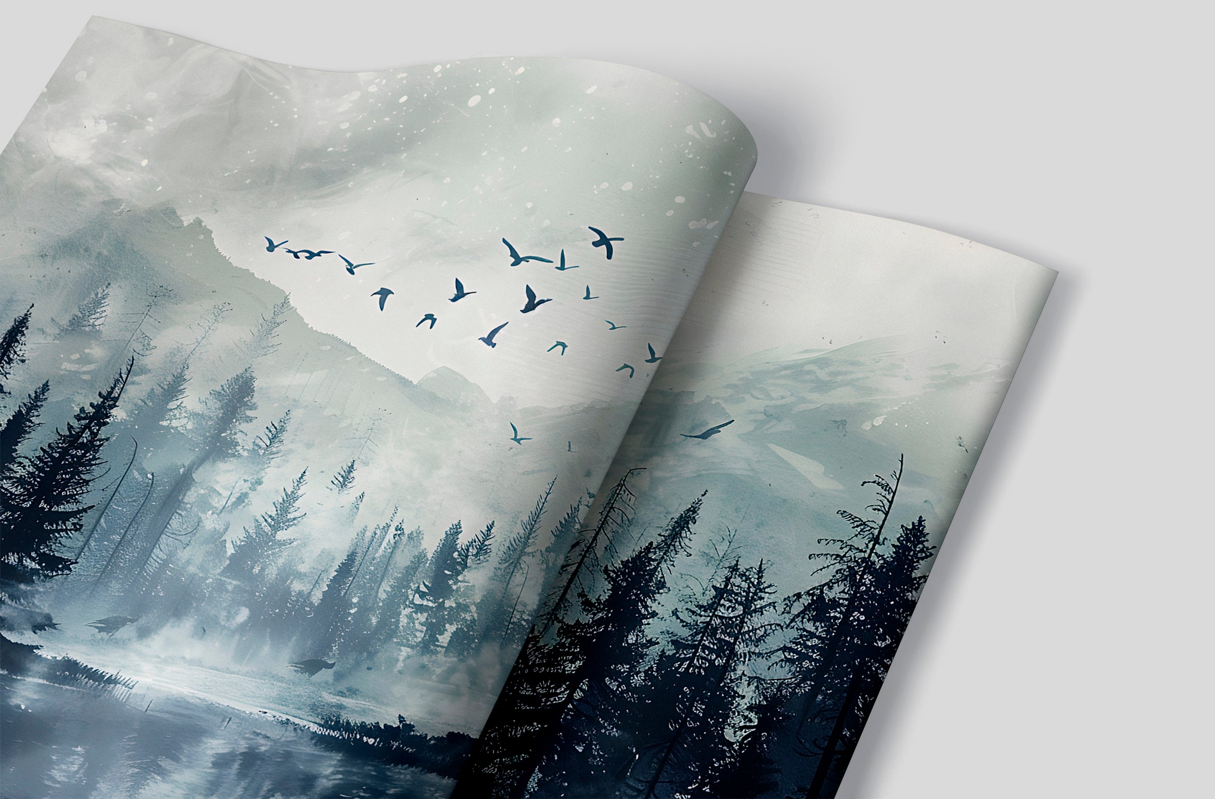 Dark Forest Wall Mural, Peel and Stick Black and Grey Pine Trees Mountain and Birds, Watercolor Foggy Nature Decor, Misty Forest Wallpaper