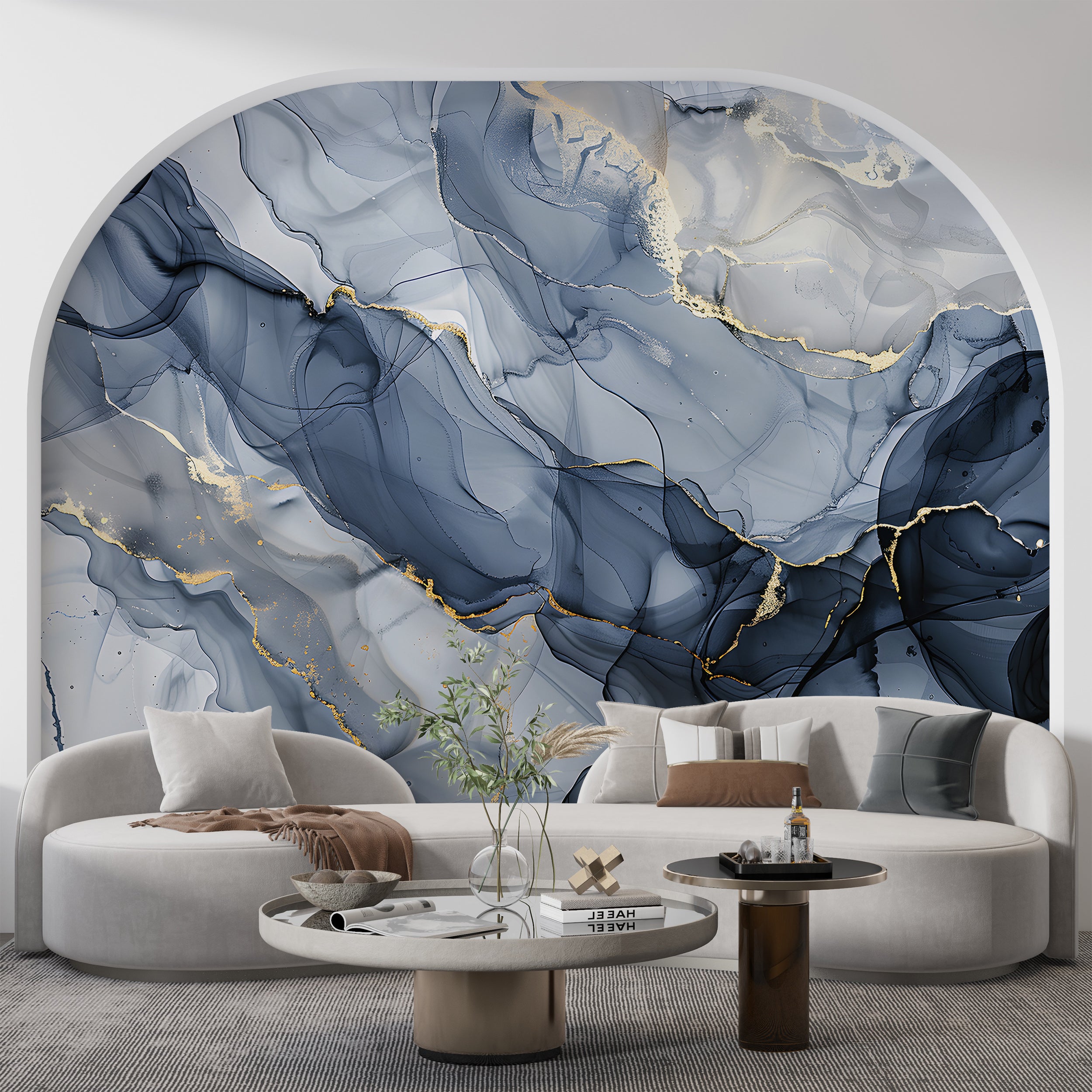 Blue and Gold Alcohol Ink Mural, Marble Wallpaper, Peel and Sick Abstract Watetrcolor, Removable Wallpaper, Modern Luxury Wall Mural