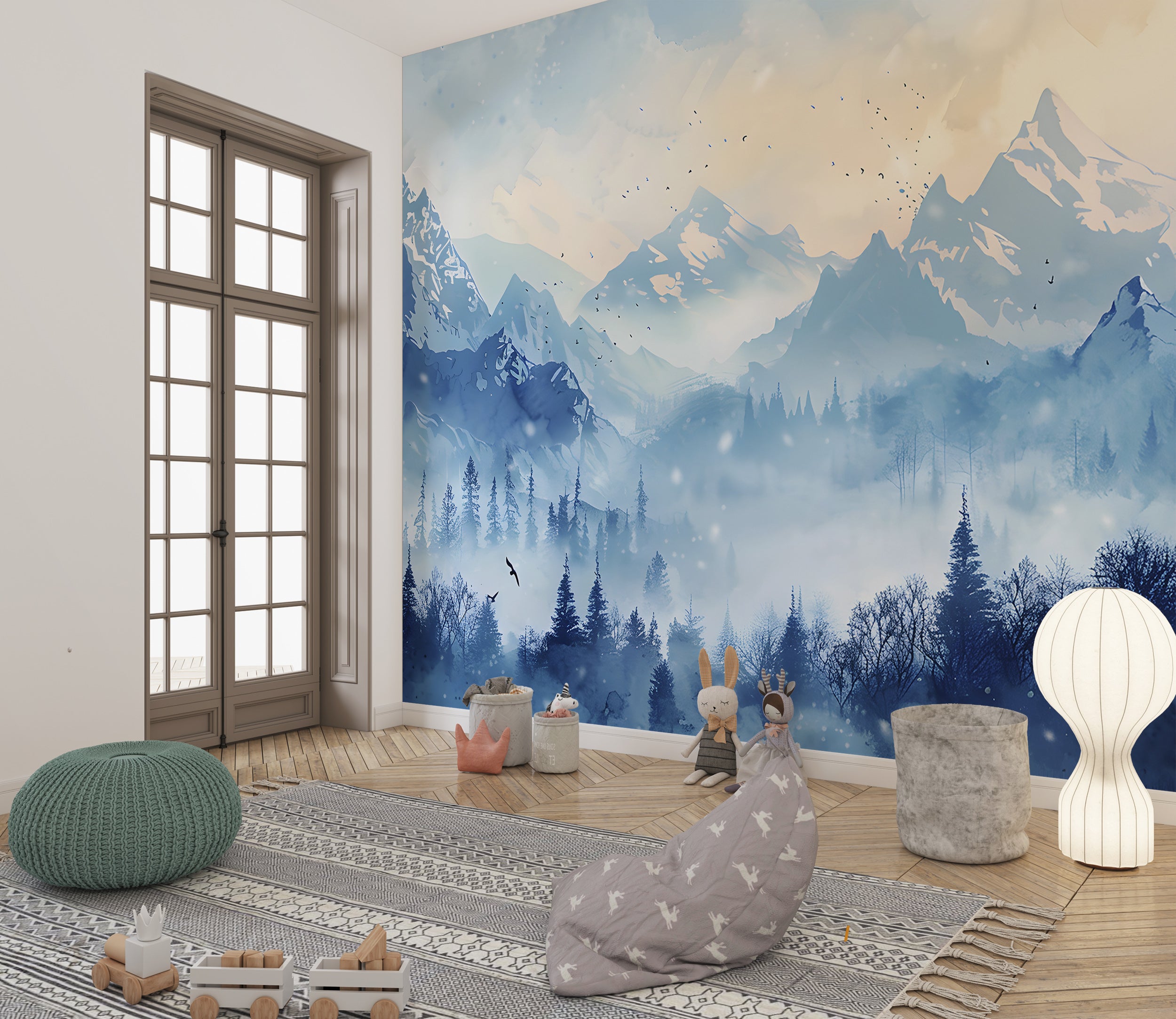 Winter Mountains Mural, Watercolor Blue Mountain and Forest Landscape, Peel and Stick Foggy Nature Wallpaper, Nursery Removable Misty Decal