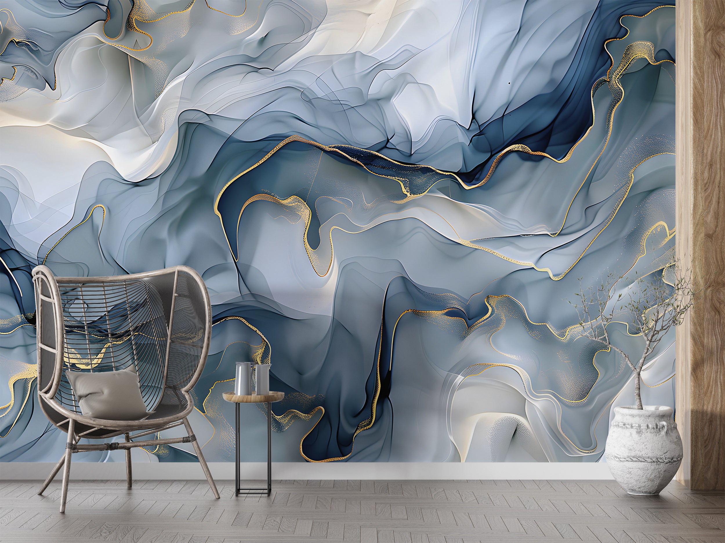 Alcohol Ink Blue Mural, Peel and Stick Abstract Decor, Blue and White Modern Wallpaper, Removable Marble Texture, Unique Watercolor Art