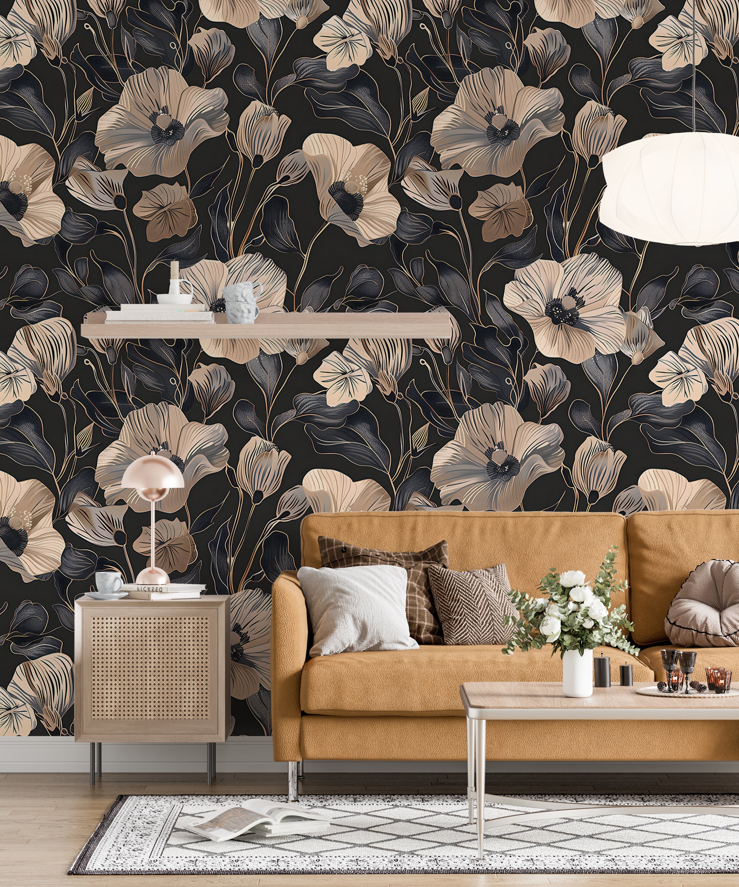 Dusty Rose and Dark Grey Floral Wallpaper, Peel and Stick Poppy Flowers Wall Decal, Removable Dark Botanical Decor, Pink & Black Flowers