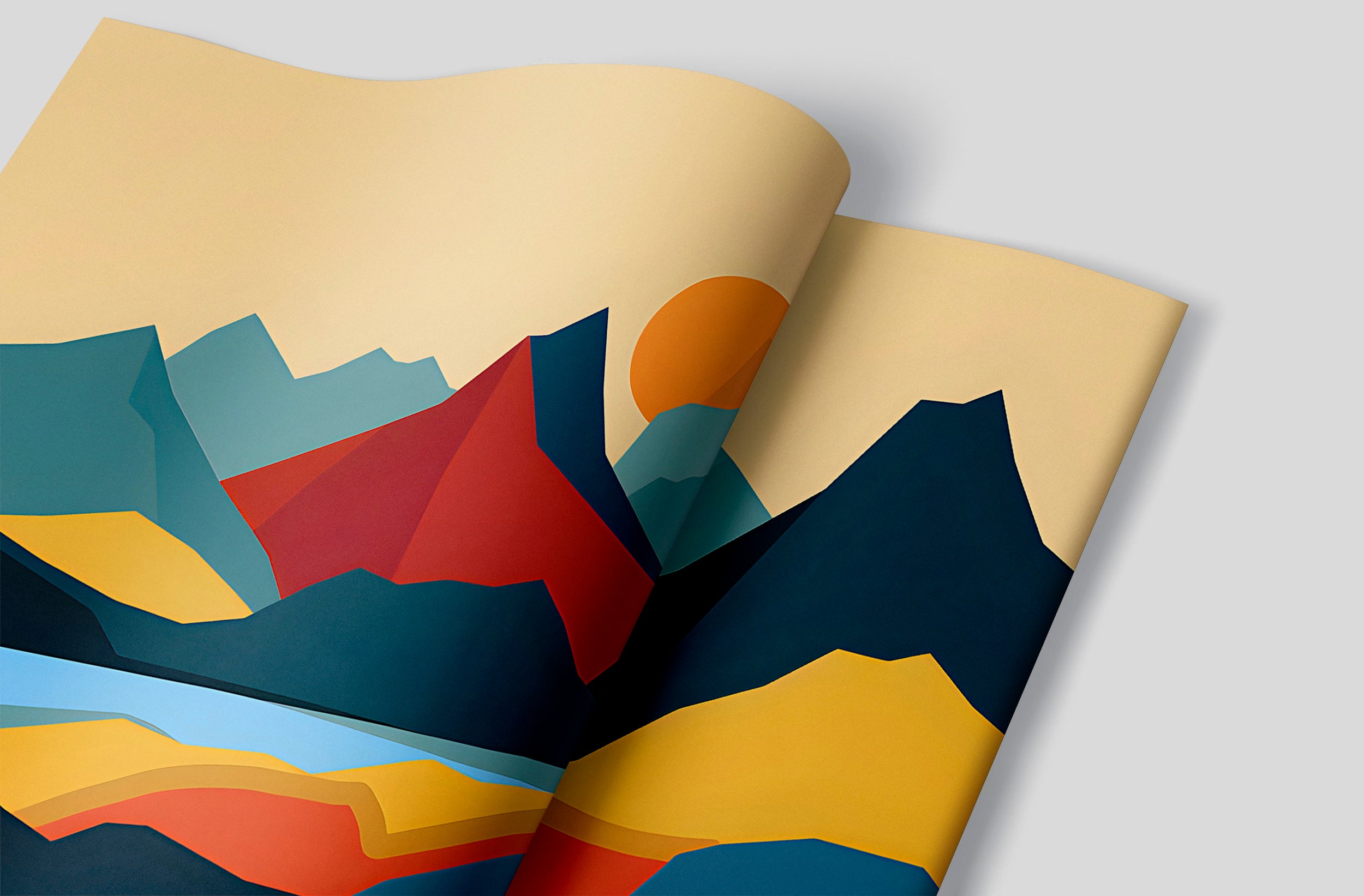 Colorful Cartoon Style Mountains Mural, Simple and Minimalistic Landscape Wallpaper, Peel and Stick Nursery Kids Room Abstract Nature Art Decal