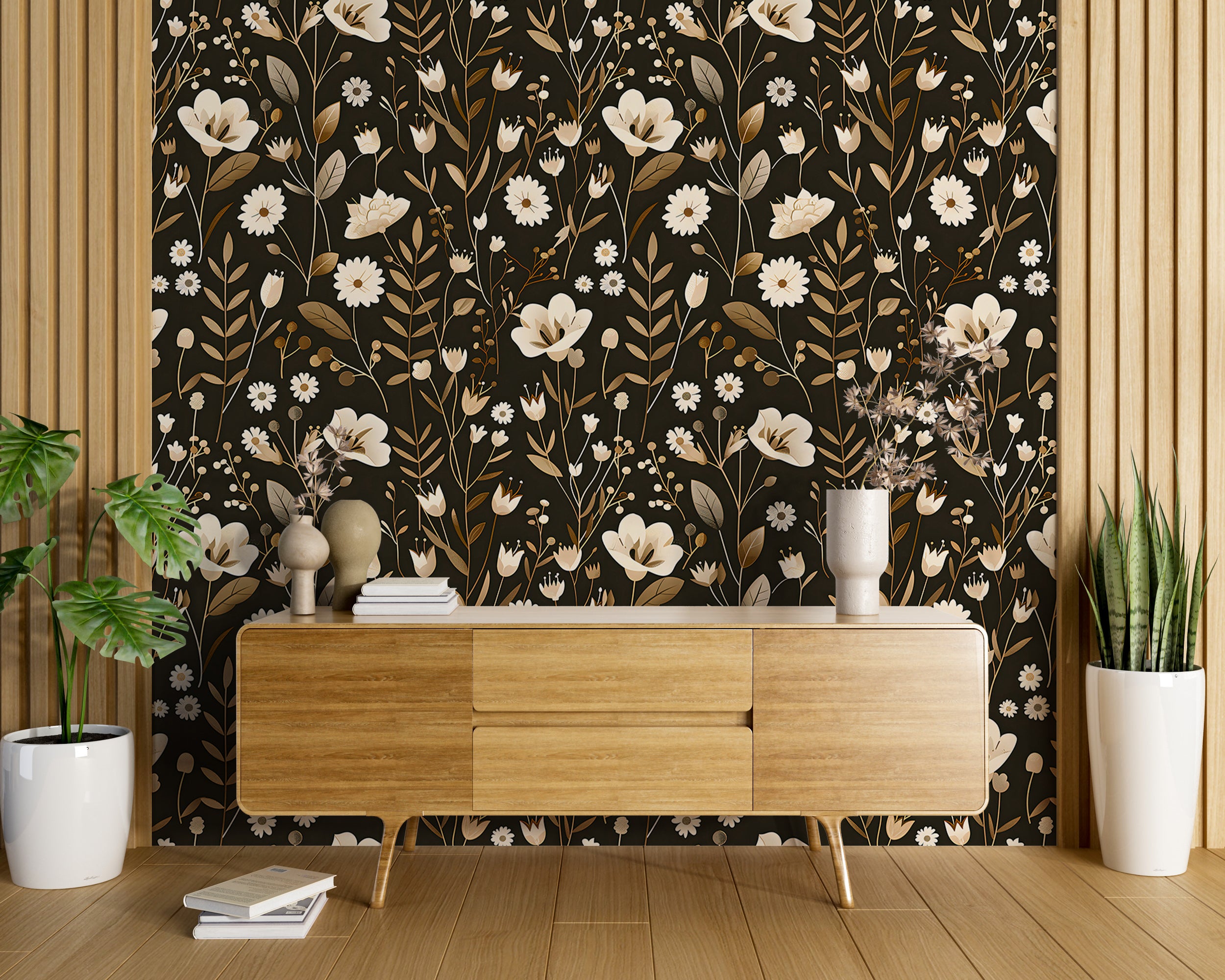 Dark Meadow Floral Wallpaper, White and Brown Botanical Decal, Wild Flowers Wallpaper, Peel and Stick Removable Vintage Flower Decal
