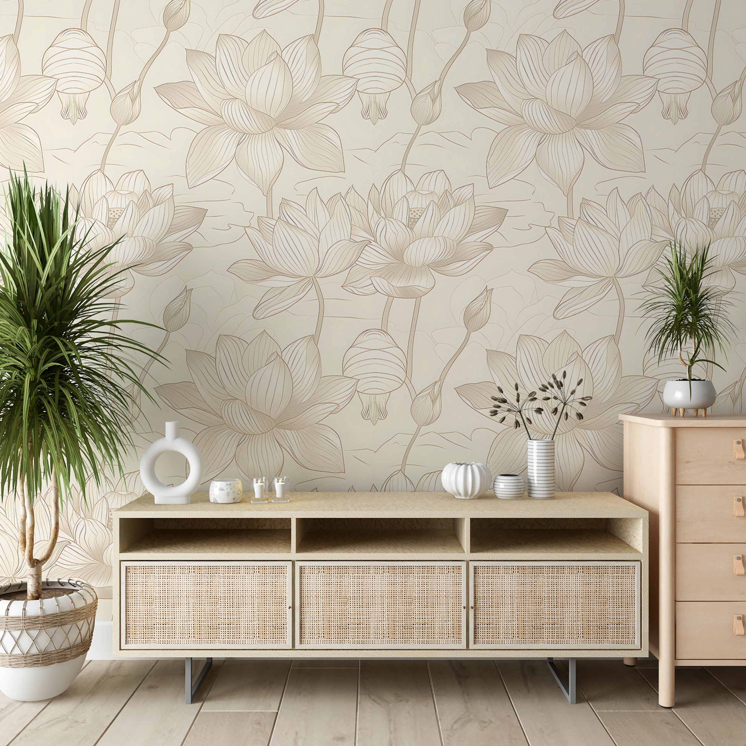 Beige Minimalistic Lotus Wallpaper, Peel and Stick Floral Wall Decal, Light Beige Lotus Pattern Wallpaper, Removable Botanical PVC-free Decor