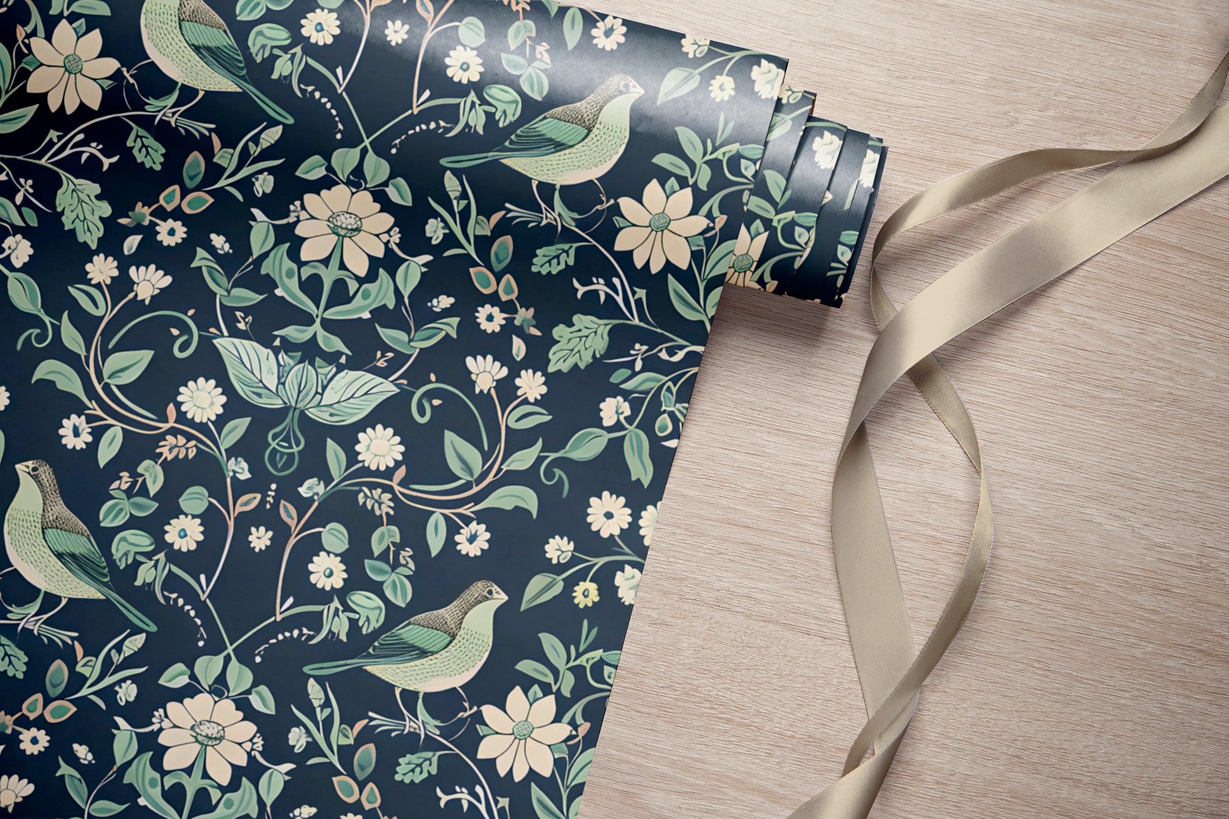 Mint and Navy Blue Chinoiserie Wallpaper, Peel and Stick Floral Wall Decal, Birds Flowers and Leaves Pattern Removable Wallpaper, Vintage Wall Art