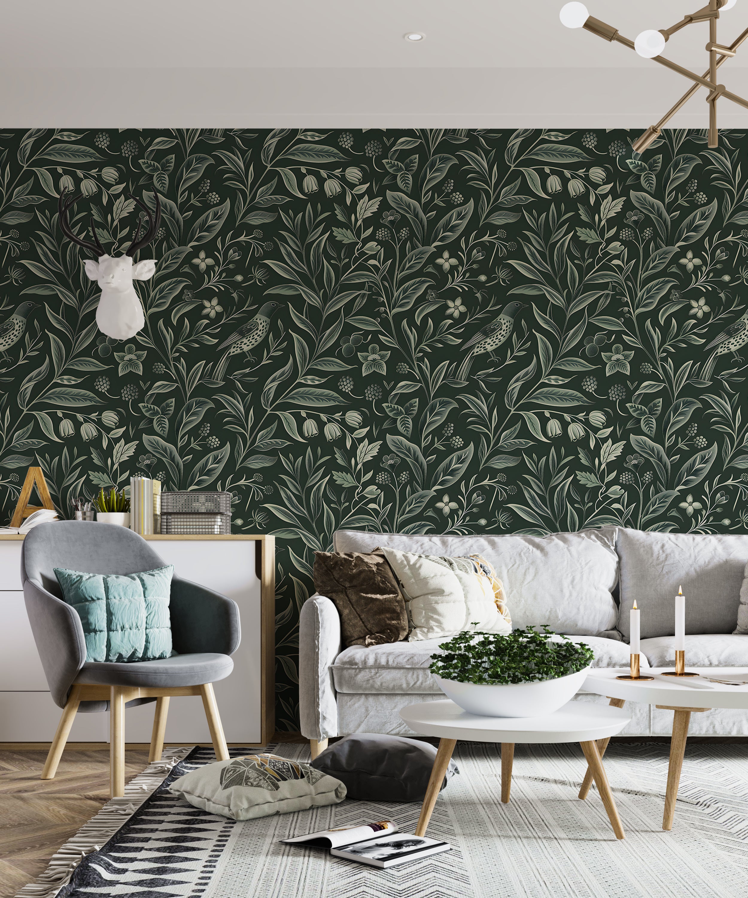 Vintage Green Floral Wallpaper, Dark Green Botanical Classic Wall Decal, Peel and Stick Chinoiserie Wallpaper, Removable Bird and Leaves Pattern