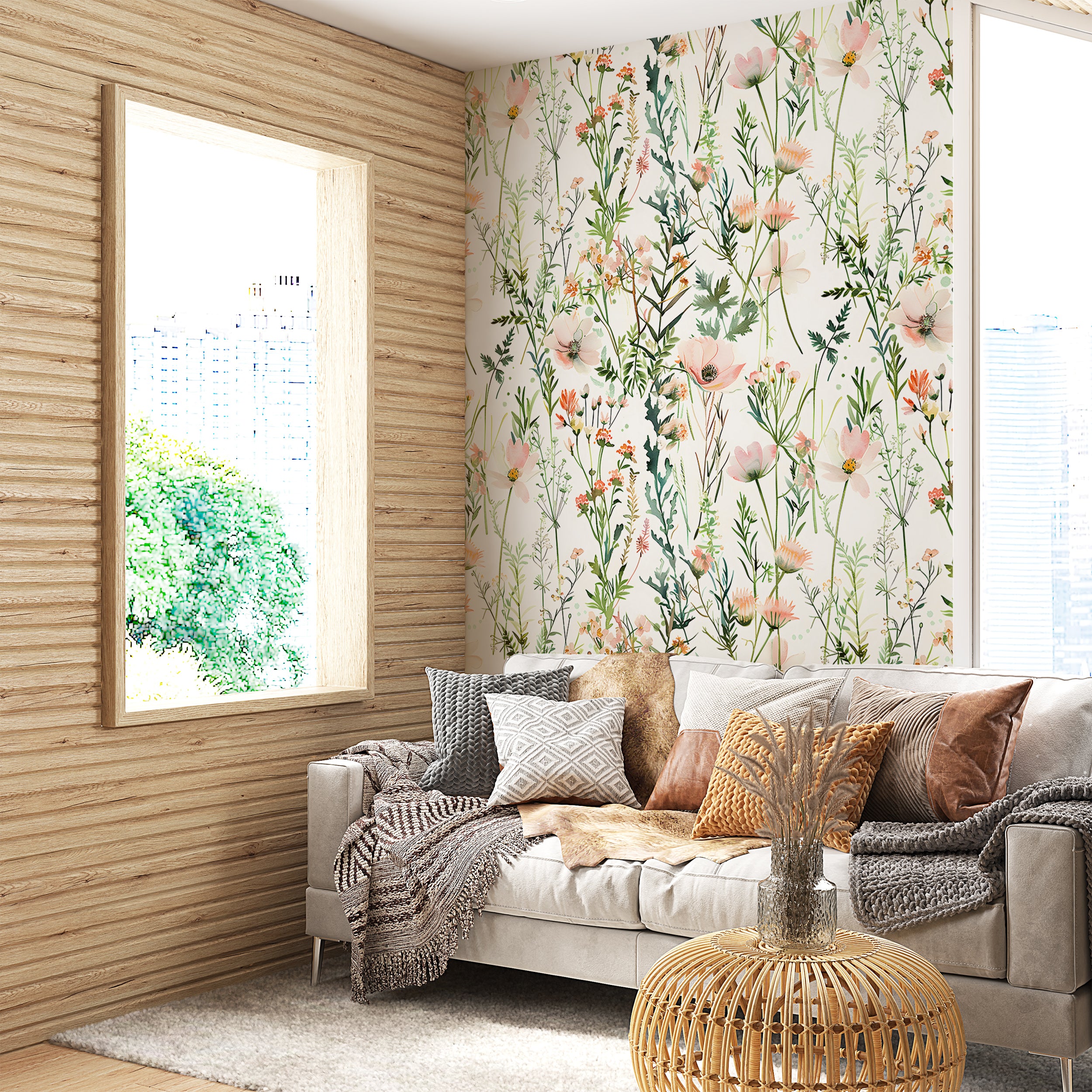 Wild Floral Wallpaper, Pastel Pink and Green Botanical Pattern, Watercolor Meadow Flowers Decal, Peel and Stick Minimalistic Light Floral Decor