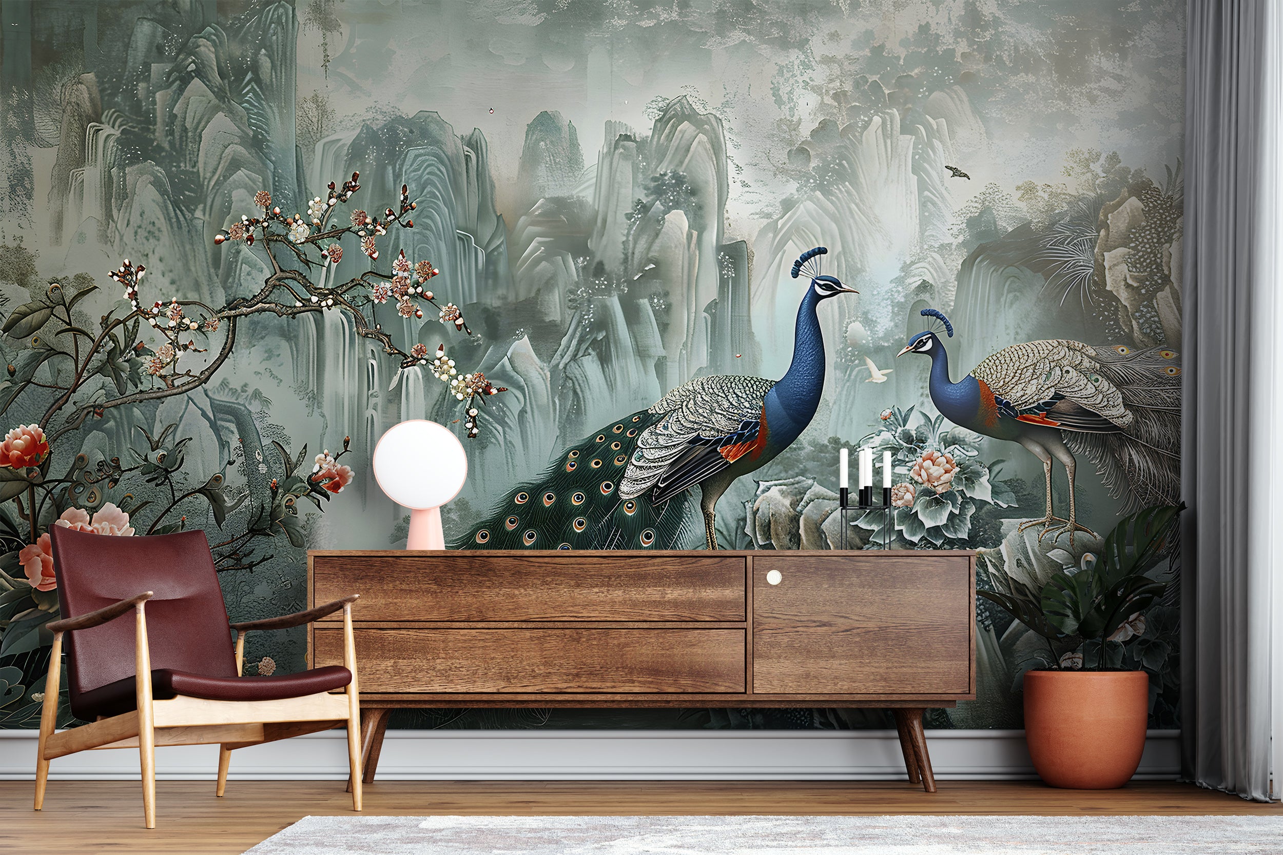 Green Chinoiserie Wallpaper, Peacock Wall Mural, Peel and Stick Abstract Chinese Art, Removable Vintage Decor with Birds and Flowers